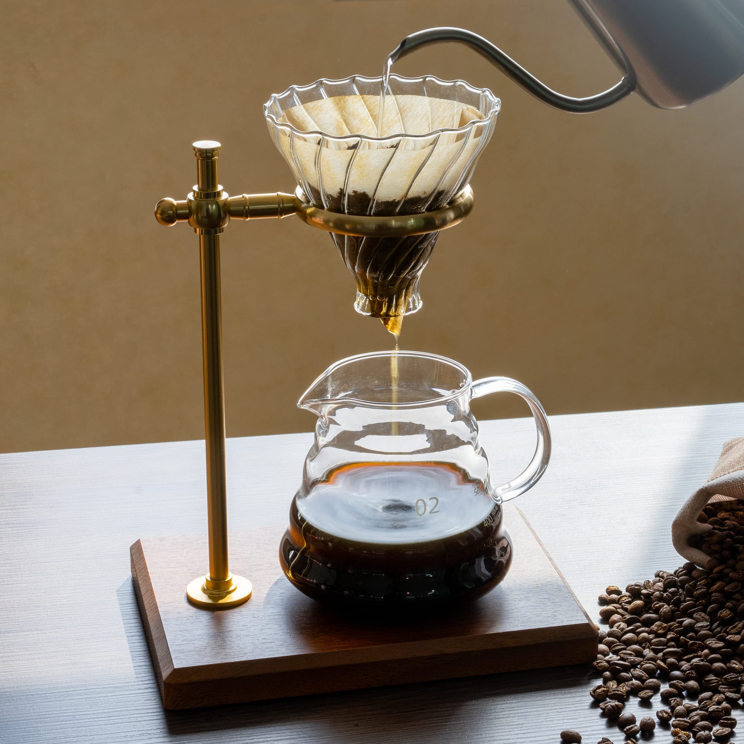Premium Pour Over Coffee Maker Set - Adjustable Stainless Steel Stand with Wooden Base, Glass Carafe & Paper Filters - Ideal for Home Brewing, Office Use & Specialty Coffee Lovers