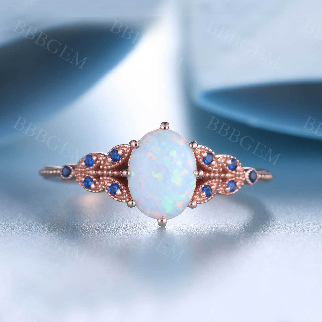14K Solid Rose Gold Oval White Opal Engagement Ring with Sapphire Accents - Perfect Promise Ring for Weddings, Anniversaries & Romantic Gifts