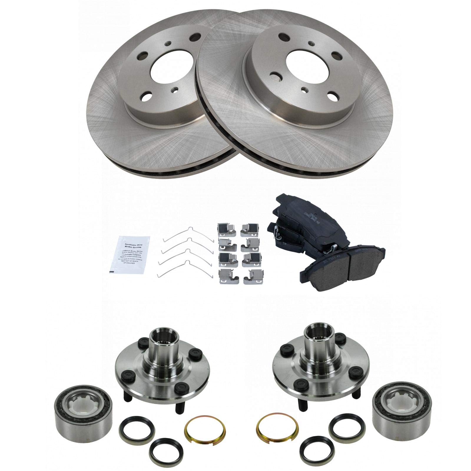 TRQ Front Brake Pad and Rotor Kit - Ceramic Brake Pads, Rotors, Wheel Bearings & Hub Assembly - Compatible with 1993-1997 Geo Prizm & Toyota Corolla - Perfect for Daily Commuting, City Driving and Highway Safety