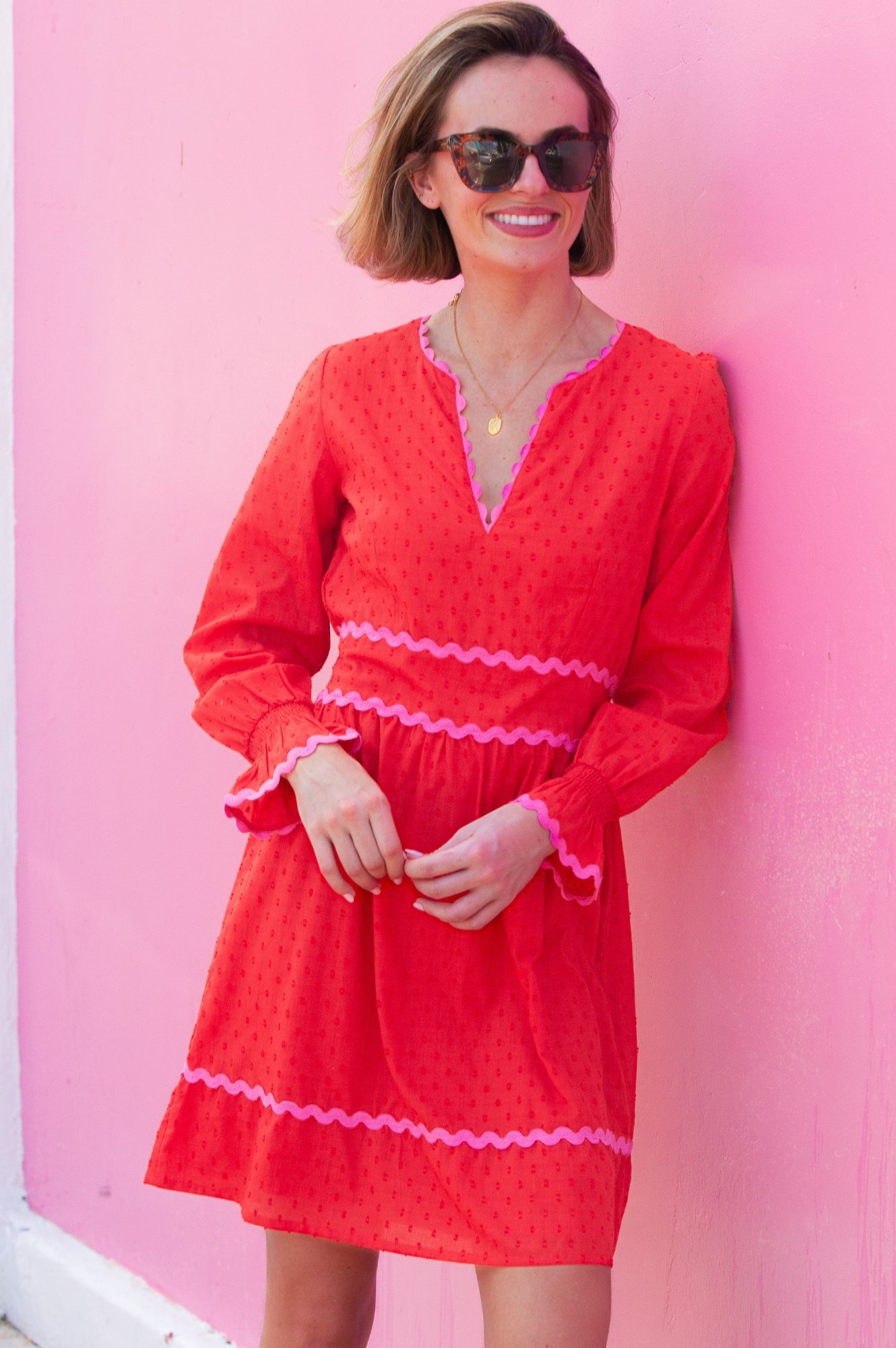 Organic Cotton Ric Rac Dobby Short Dress for Women - Red & Pink Floral Print - Perfect for Summer Outings, Beach Vacations & Casual Wear