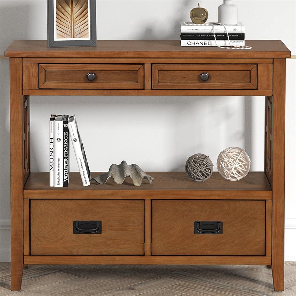 36 Inch Rustic Farmhouse Console Table with 4 Drawers & Storage Shelf - Solid Pine Wood Entryway Table for Hallway, Living Room, Bedroom or Kitchen Decor (Brown) | Perfect for Small Space Organization & Farmhouse Style Home Decor