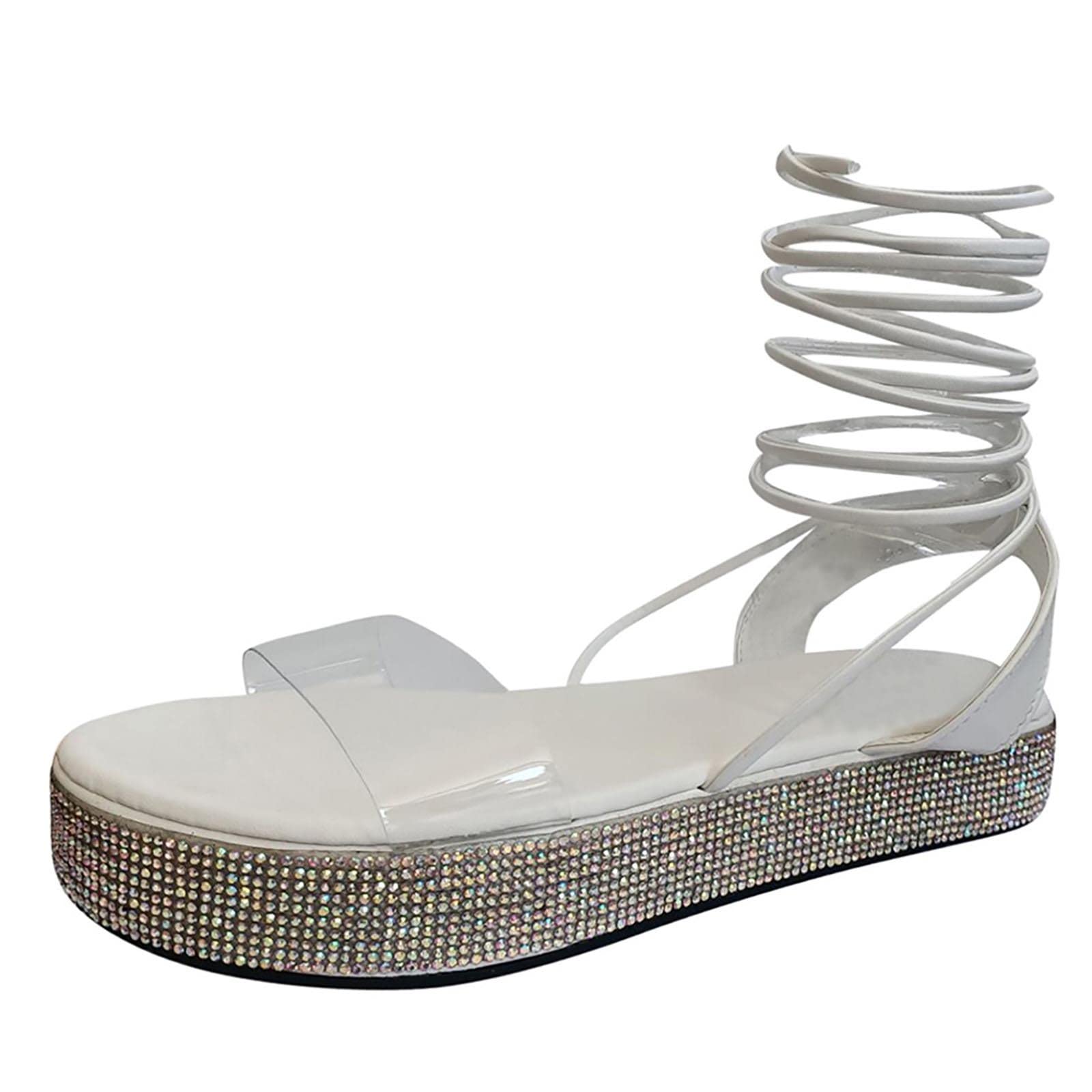 Women's Rhinestone Platform Sandals - Sparkly Clear Strap Open Toe Cross Strappy Lace Up Summer Shoes for Beach, Outdoor & Casual Wear | Comfortable Women's Slippers for Walking, Vacation & Party Occasions