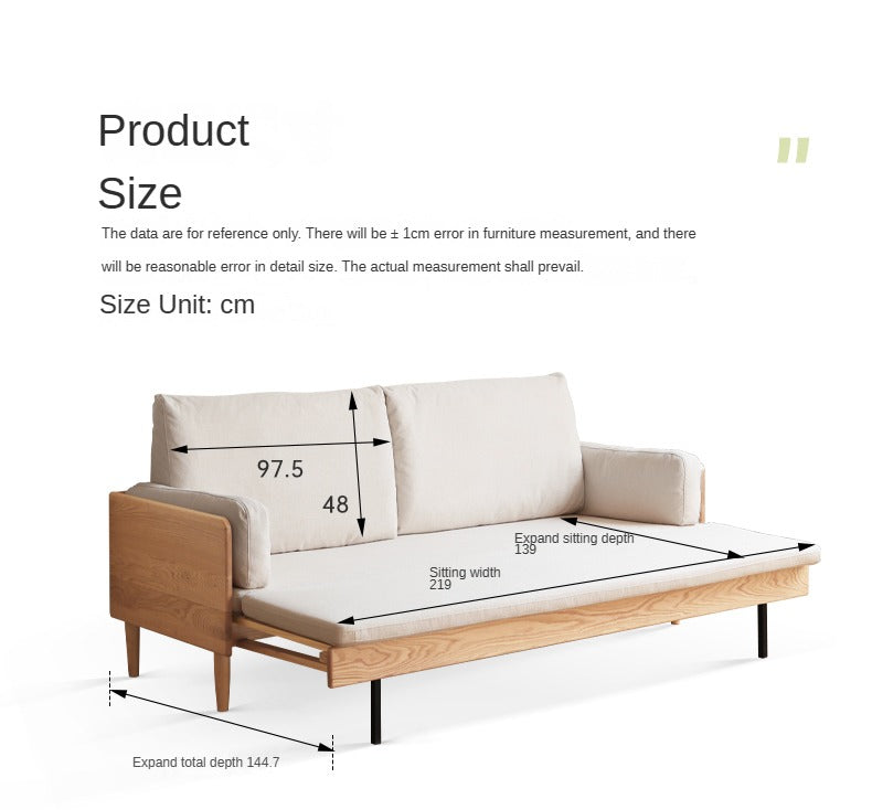 Oak Solid Wood Sofa Bed with Folding White Goose Feather Cushions - Convertible Sleeper for Small Spaces & Guest Rooms