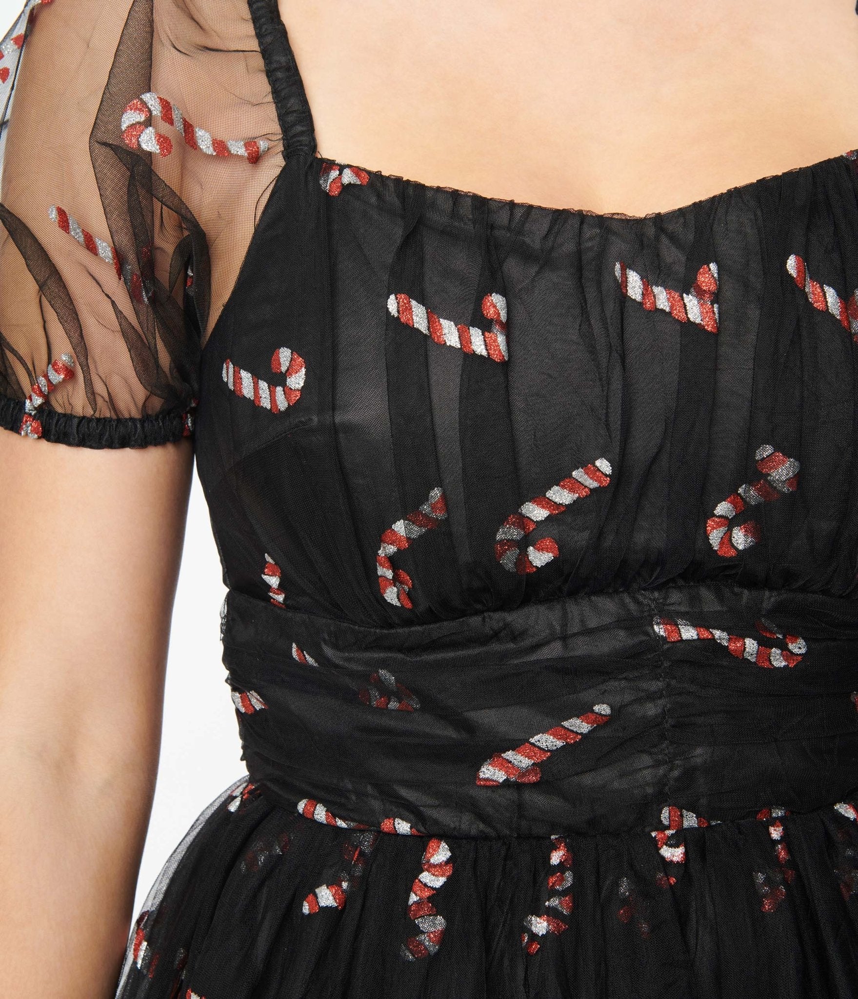 Vintage Black & Glitter Candy Cane Babydoll Dress - Retro Holiday Party Dress for Christmas, Festive Outfits & Special Occasions
