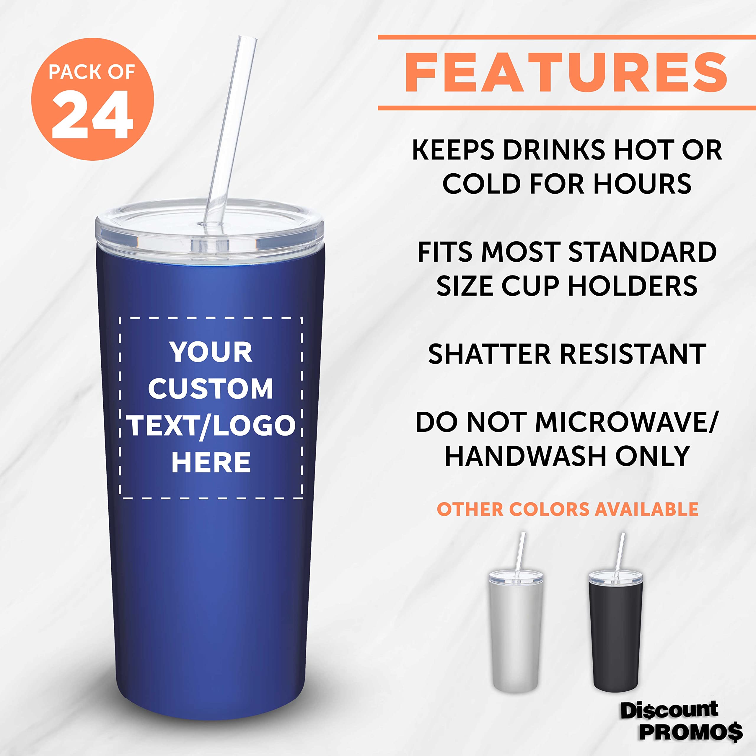 24-Pack Mira Stainless Steel Tumblers with Straws - 16oz Double Wall Insulated Cups - Customizable Text & Logo - Tritan Lid - Blue - Perfect for Office, Gym, Travel & Outdoor Activities