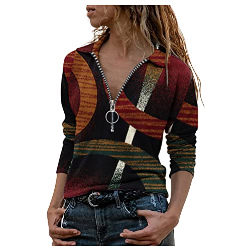 Women's Plus Size Long Sleeve V-Neck T-Shirt with Zipper Detail & Turn Down Collar - Casual Blouse for Work, Date Night & Everyday Wear