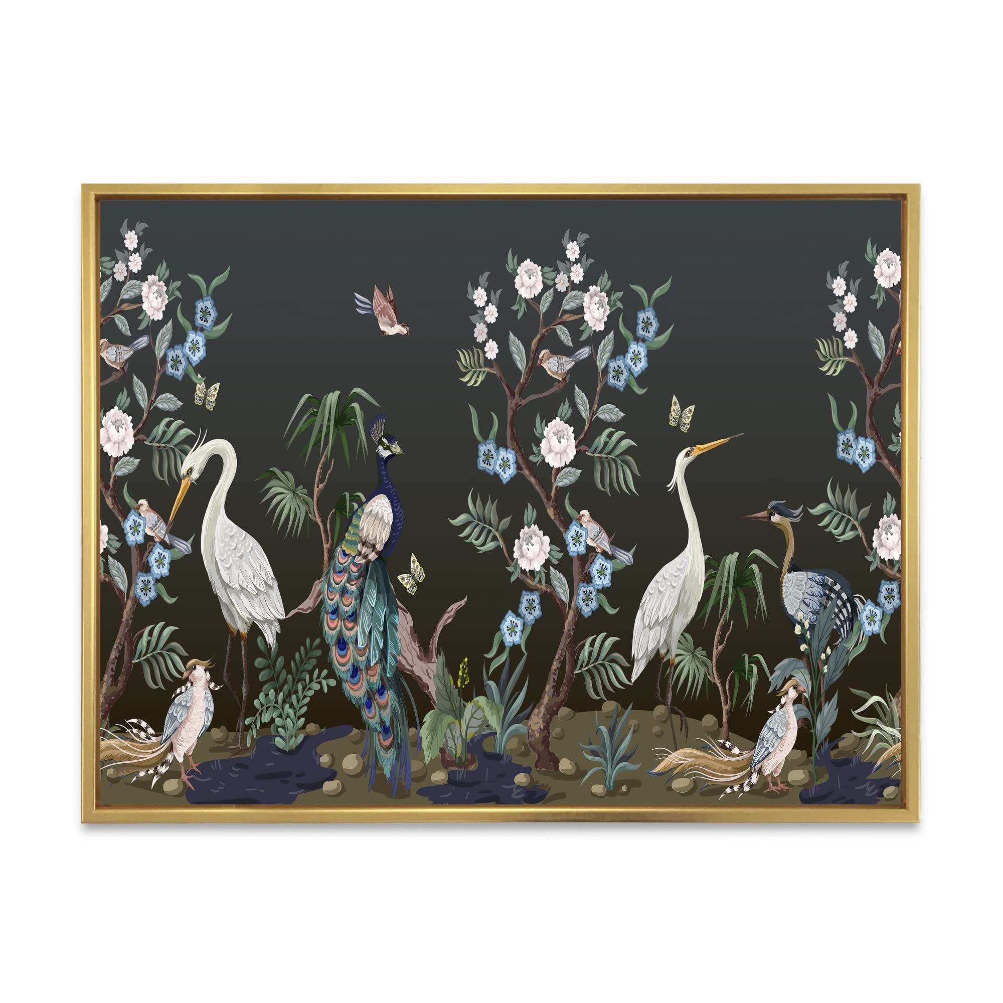 DesignQ Chinoiserie With Birds and Peonies IV - Traditional Framed Canvas Wall Art Print - Home Decor for Living Room, Bedroom & Office