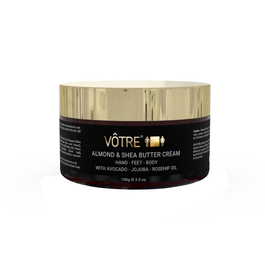 VOTRE Almond & Shea Butter Hand, Foot & Body Cream - 100% Natural Vegan Moisturizer for Dry, Rough & Cracked Skin | Deep Hydrating Heel Repair Cream | Perfect for Daily Skincare, Night Treatment & Travel Size Care (100g)