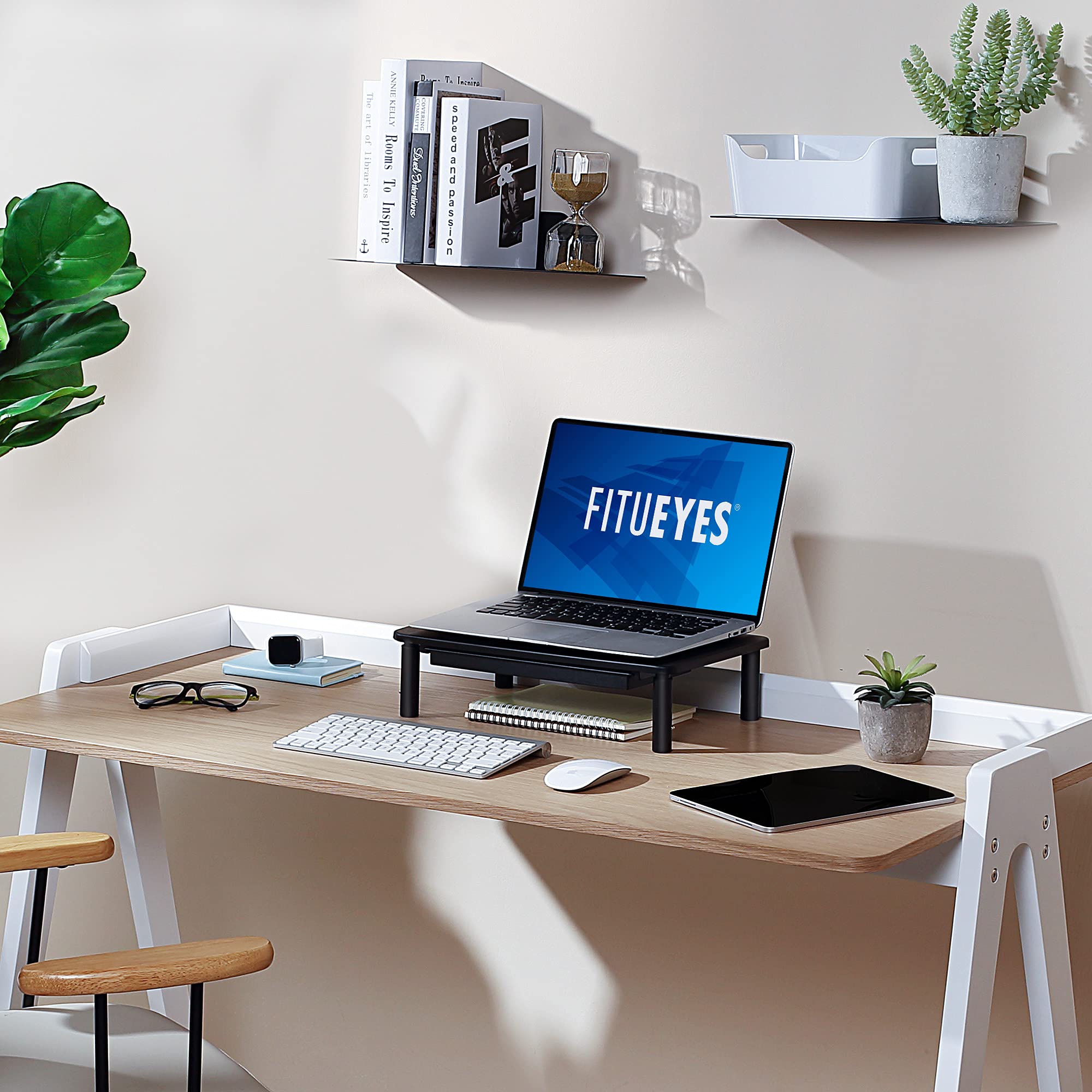 FITUEYES Adjustable Monitor Stand with Drawer - Metal Computer Monitor Riser for PC & Laptop, Cable Management Organizer for Office & Home, Black (4 Pack) - Perfect for Workspace Organization & Multi-Screen Setup