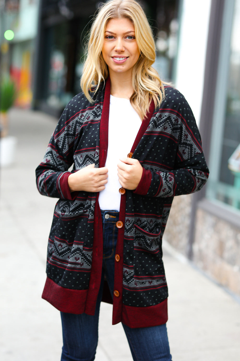 Classic Burgundy Holiday Print Button Cardigan for Women - Cozy Christmas Sweater for Holiday Parties & Family Gatherings