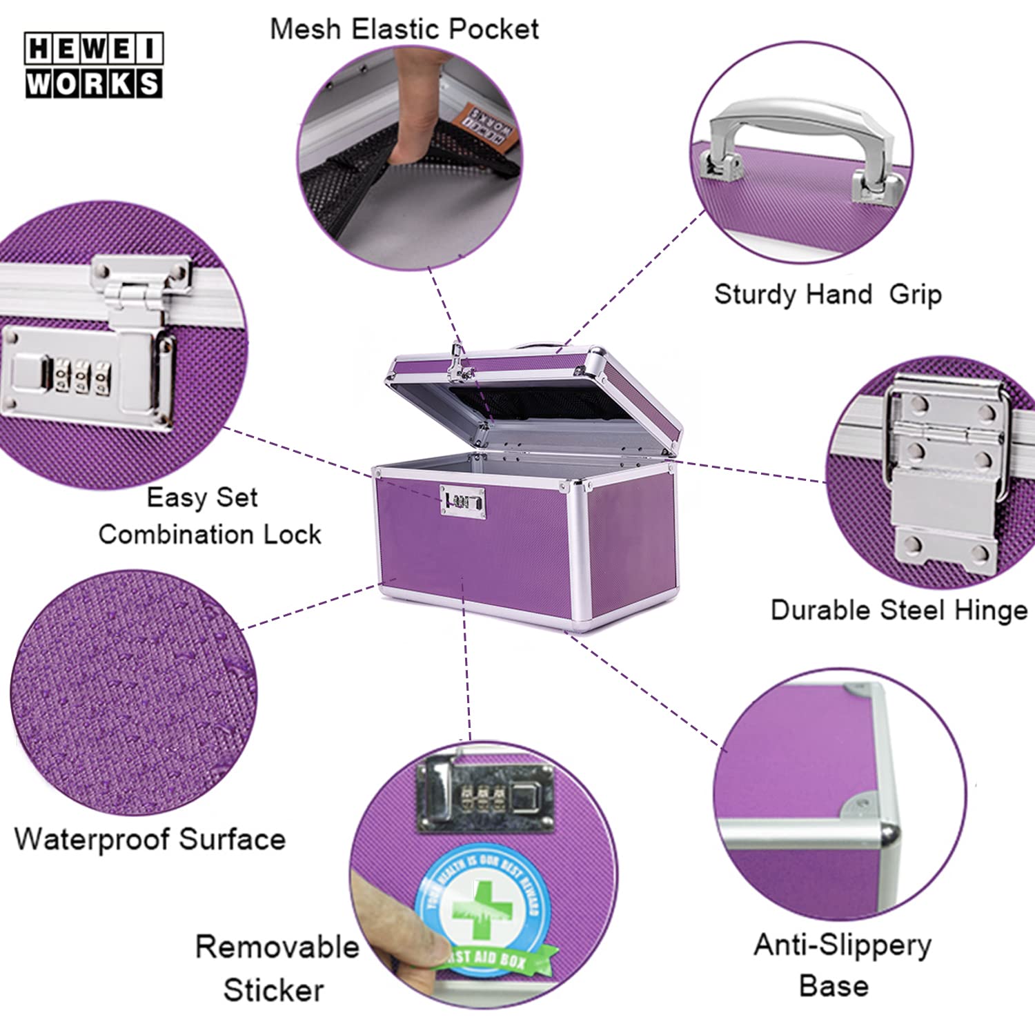 HEWEI WORKS Lockable Baby Proof Medical Box - Portable First Aid Kit Organizer with Combination Lock, Empty Multipurpose Storage Case (Medium, Purple) | Ideal for Home Safety, Travel Essentials & Medicine Organization