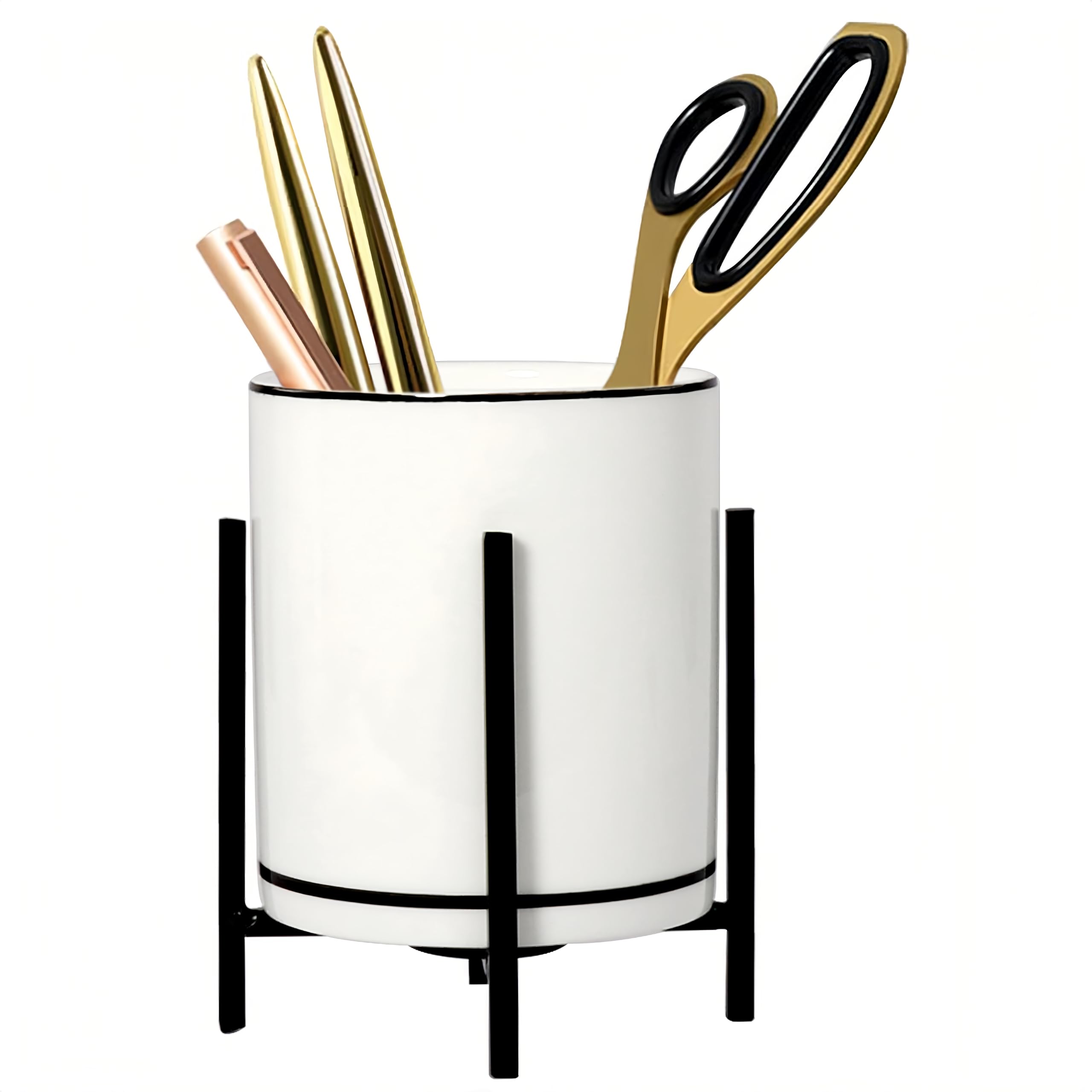 Black and White Ceramic Pencil Cup Holder for Desk - Stylish Pen Organizer with Black Trim, Makeup Brush Storage - Perfect for Office, Study, and Vanity Organization