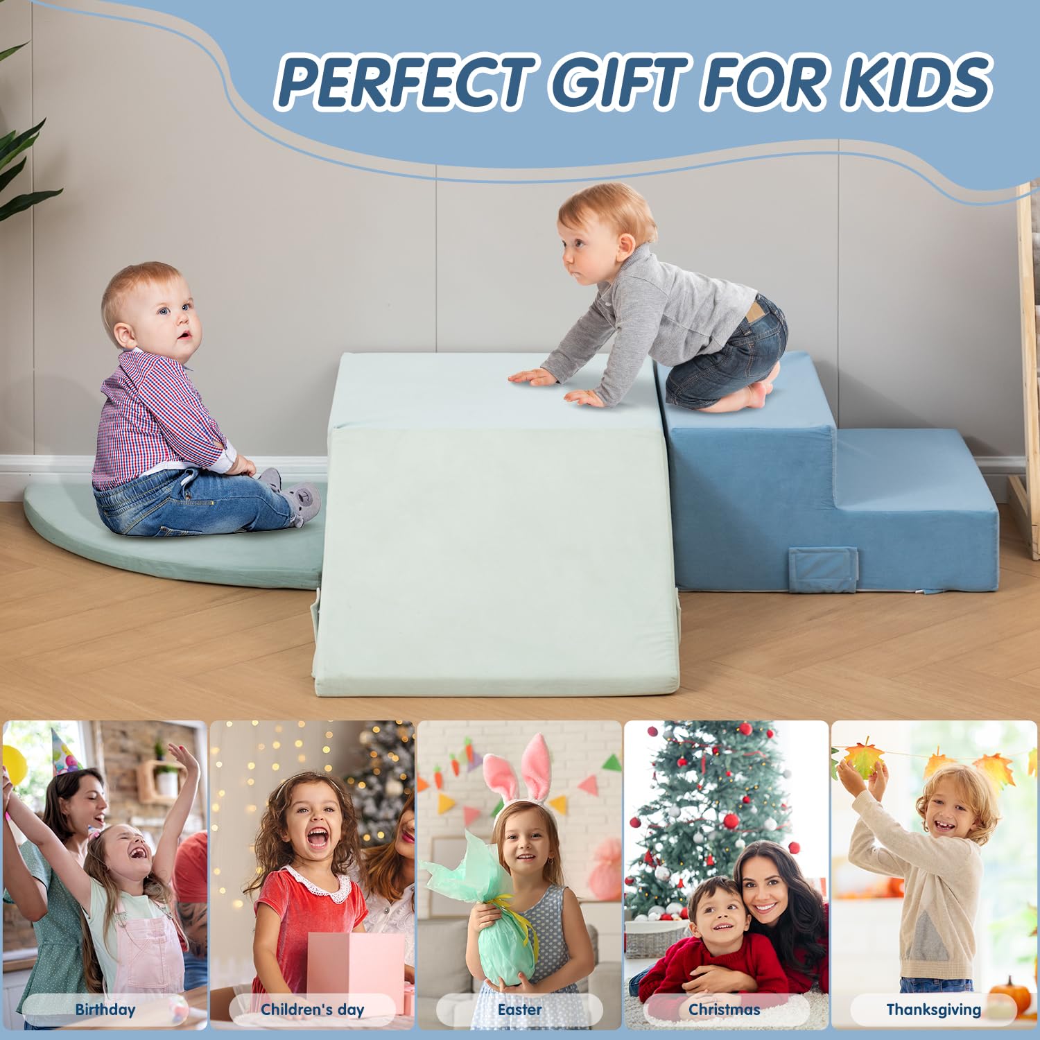 4-Piece Large Foam Climbing Blocks for Toddlers - Soft Indoor Play Toys with Velcro for Safe Stacking | Perfect for Home Playrooms, Daycares & Preschools