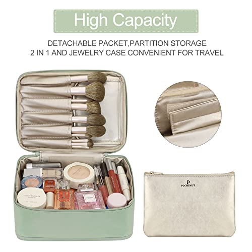 Pocmimut 2-in-1 Waterproof Makeup & Jewelry Travel Organizer Bag for Women - Cosmetic Case with Brush Holder for Earrings Necklaces Bracelets (Green) - Perfect for Travel, Gym, and Daily Cosmetics Storage