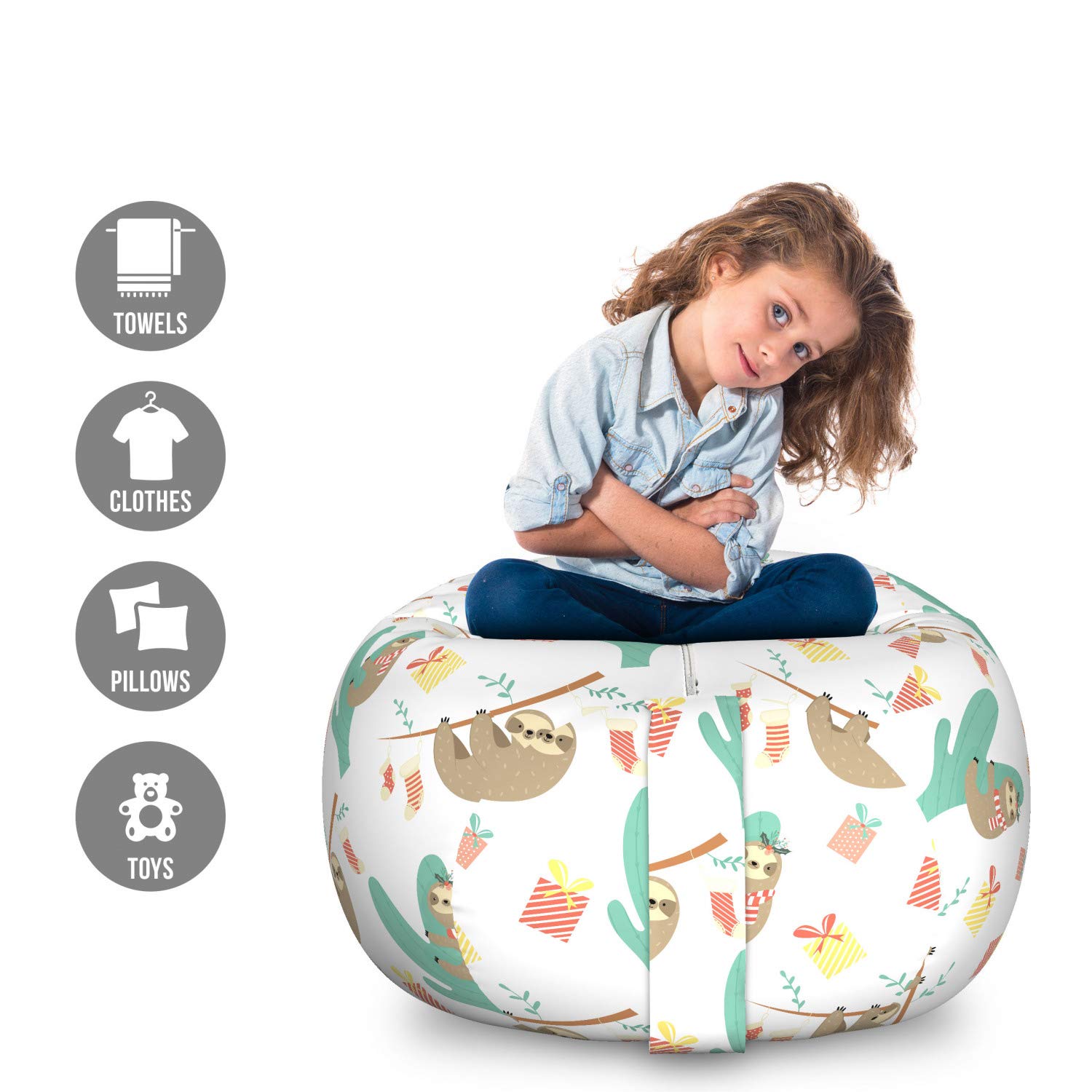 Ambesonne Christmas Storage Toy Bag Chair - Large Washable Stuffed Animal Organizer with Sloths Holiday Socks & Gift Boxes Pattern (Seafoam Dark Tan) - Perfect for Kids' Room, Holiday Decor & Toy Storage