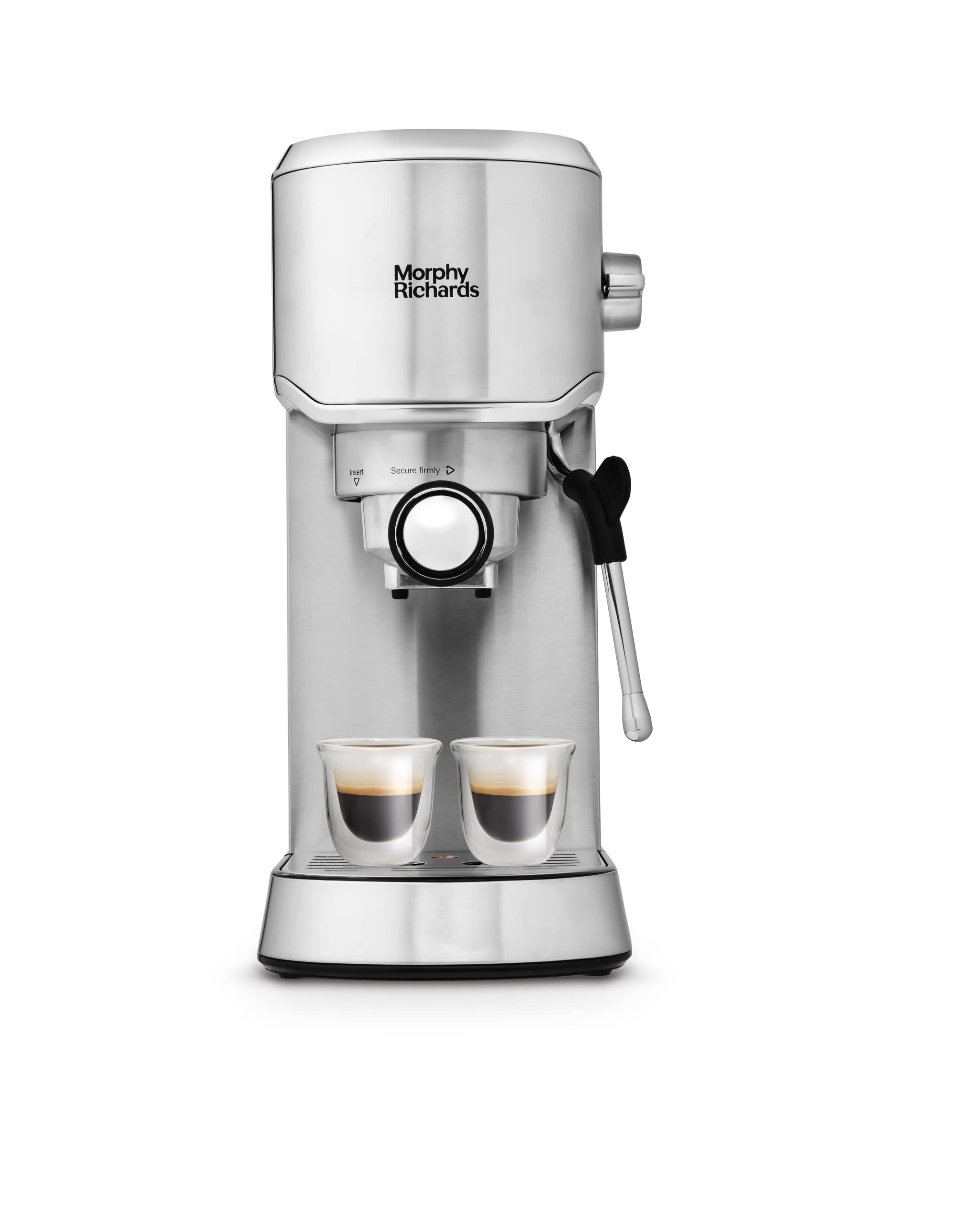 Morphy Richards Compact Espresso Machine with Milk Frother - 1L Water Tank, Dual Cup, Variable Steam Control - Works with Ground Coffee & ESE Pods - Stainless Steel (Model 172022) - Perfect for Home, Office or Small Cafes