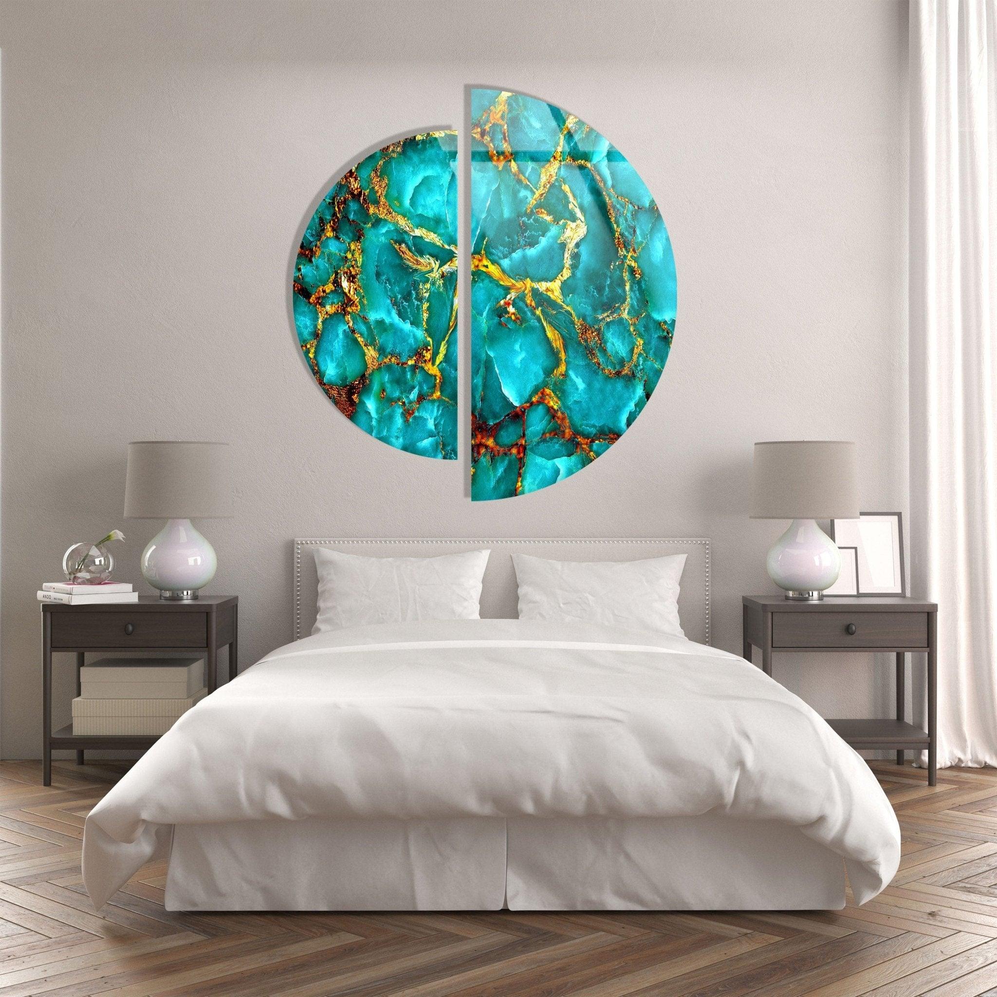 2 Piece Green & Gold Marble Glass Wall Art Set - Modern Abstract Home Decor for Living Room, Bedroom, Office - Shatterproof Tempered Glass Hanging Art Panels