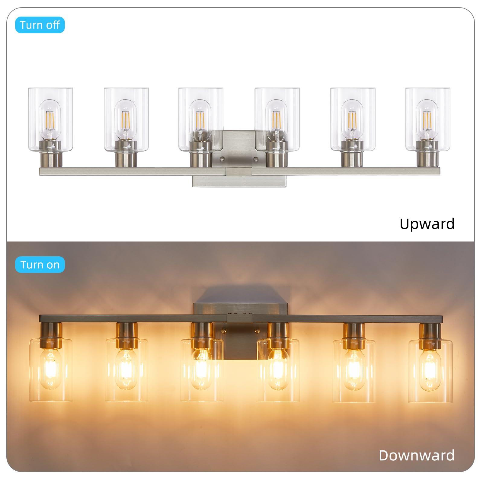 6-Light Brushed Nickel Bathroom Vanity Light Fixture - Modern Wall Sconce with Clear Glass Shade for Mirror Lighting - Perfect for Master Bath, Powder Room & Spa-Style Decor