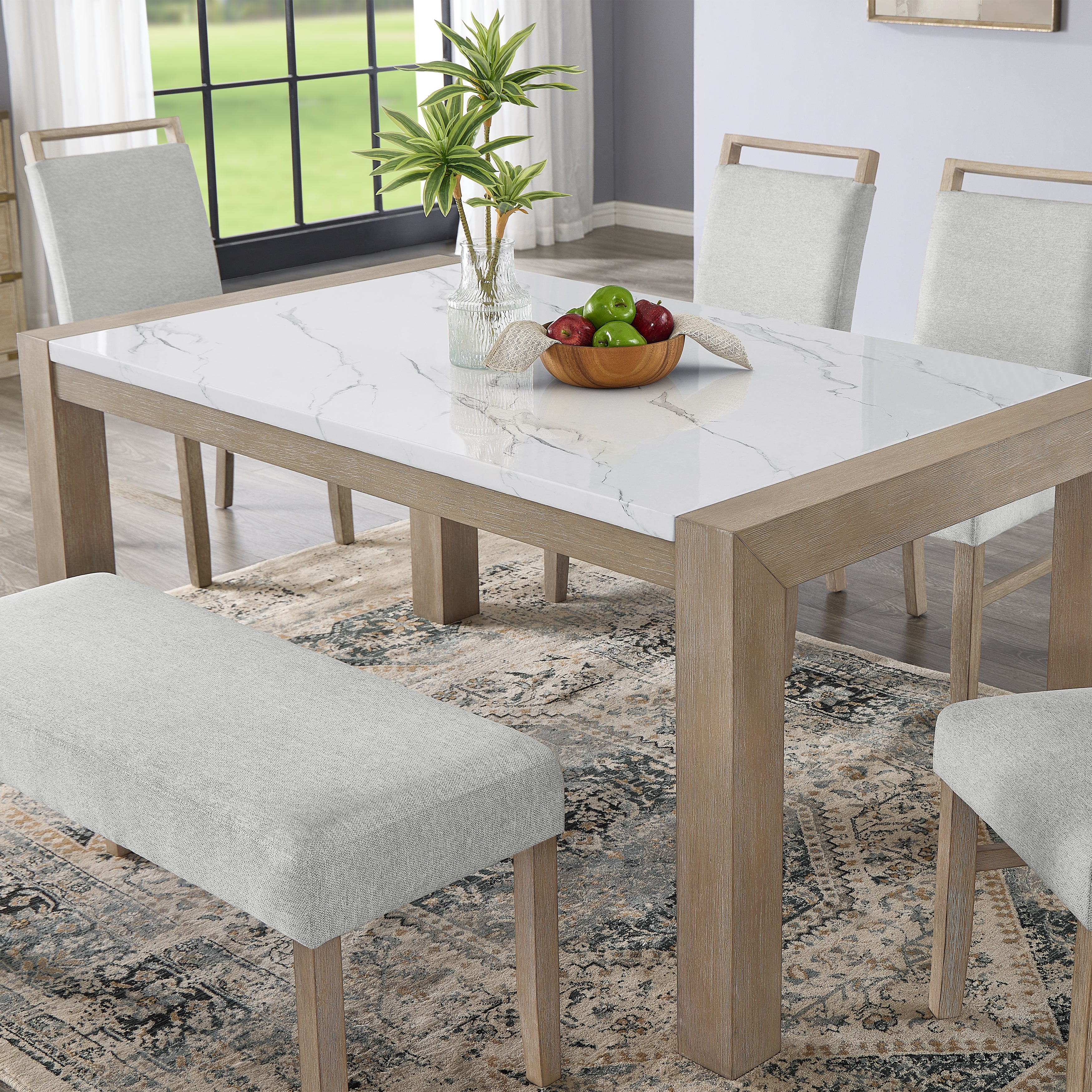 Roundhill Furniture Zelalle 6-Piece Dining Set with Table, 4 Chairs & Bench - White Wired Brushed Finish for Kitchen, Breakfast Nook or Small Dining Room