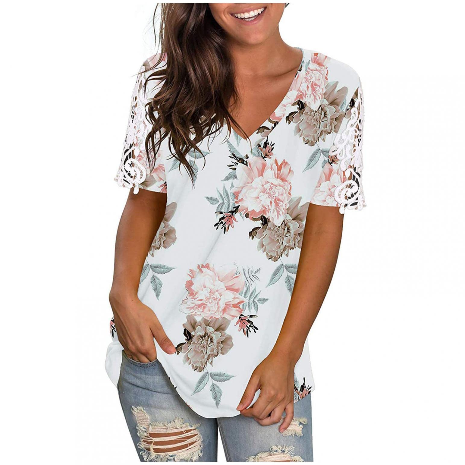 Women's Trendy V-Neck Loose Fit T-Shirt Tops - Casual Short Sleeve Lace Hollow Out Blouses for Work, Date Night & Summer Outfits