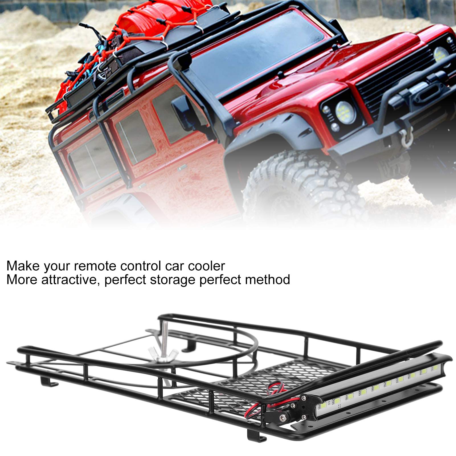 Alomejor Large RC Car Roof Rack with LED Lights - Heavy Duty Crawler Car Luggage Carrier for Off-Road Adventures & Camping Trips