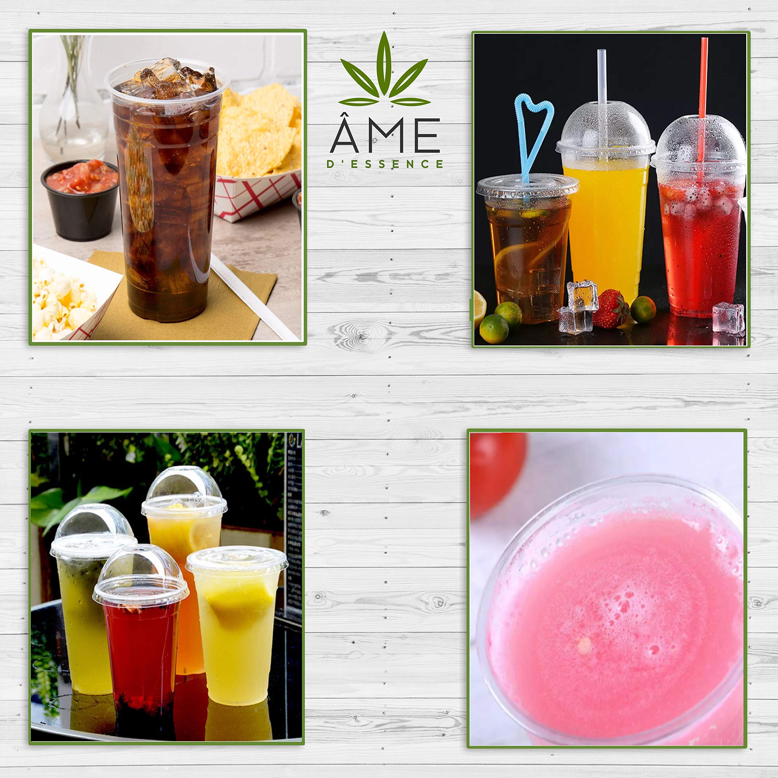200-Pack AME D'ESSENCE 12 oz Disposable Clear Plastic Cups with Flat Lids & Bonus Straws - Perfect for Iced Coffee, Parties, and Beverage Service (100 Cups + 100 Lids)