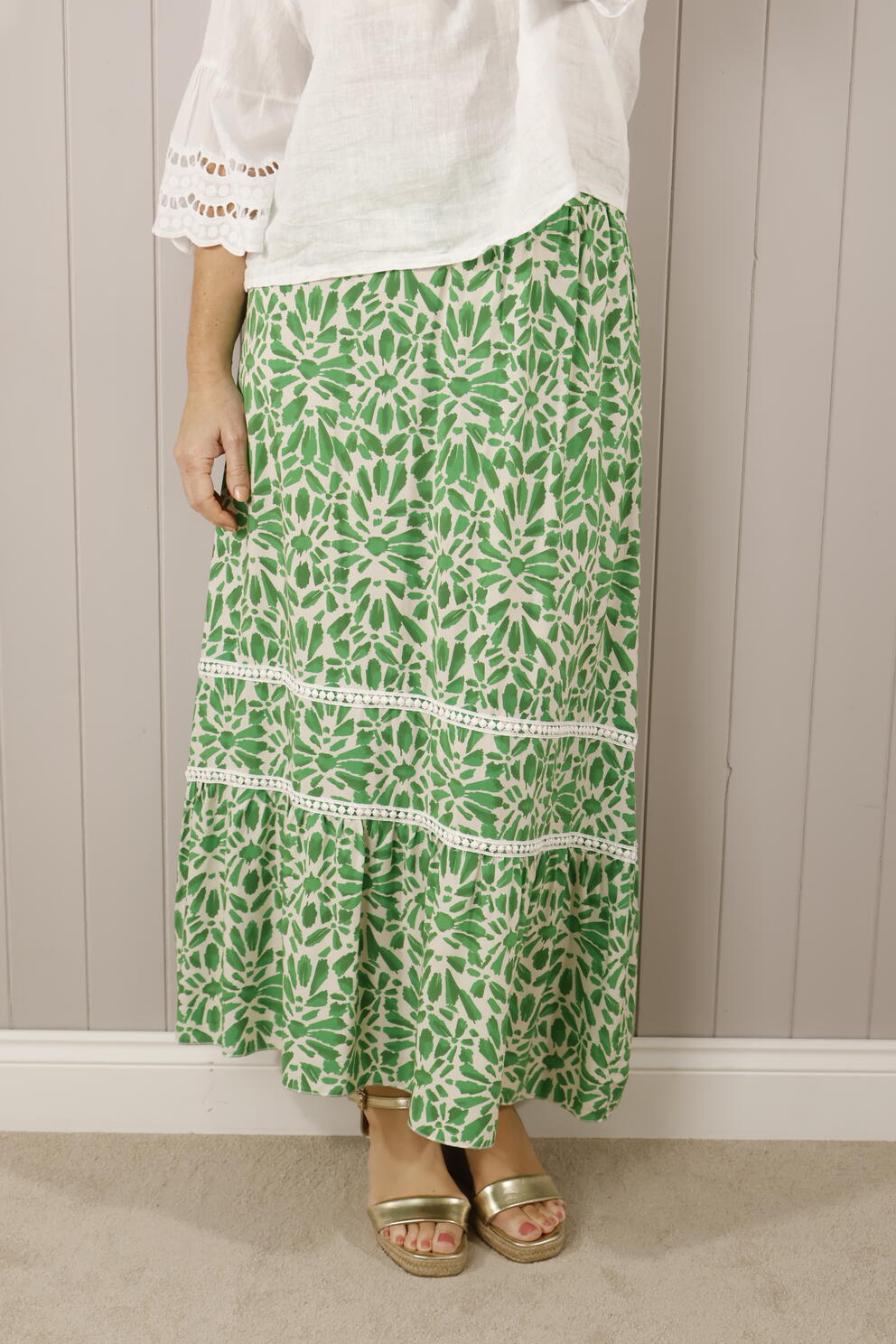 Floral Maxi Skirt for Women - Hattie Green Flowy Long Skirt with Elastic Waist | Perfect for Summer, Beach, Boho Outfits & Casual Wear