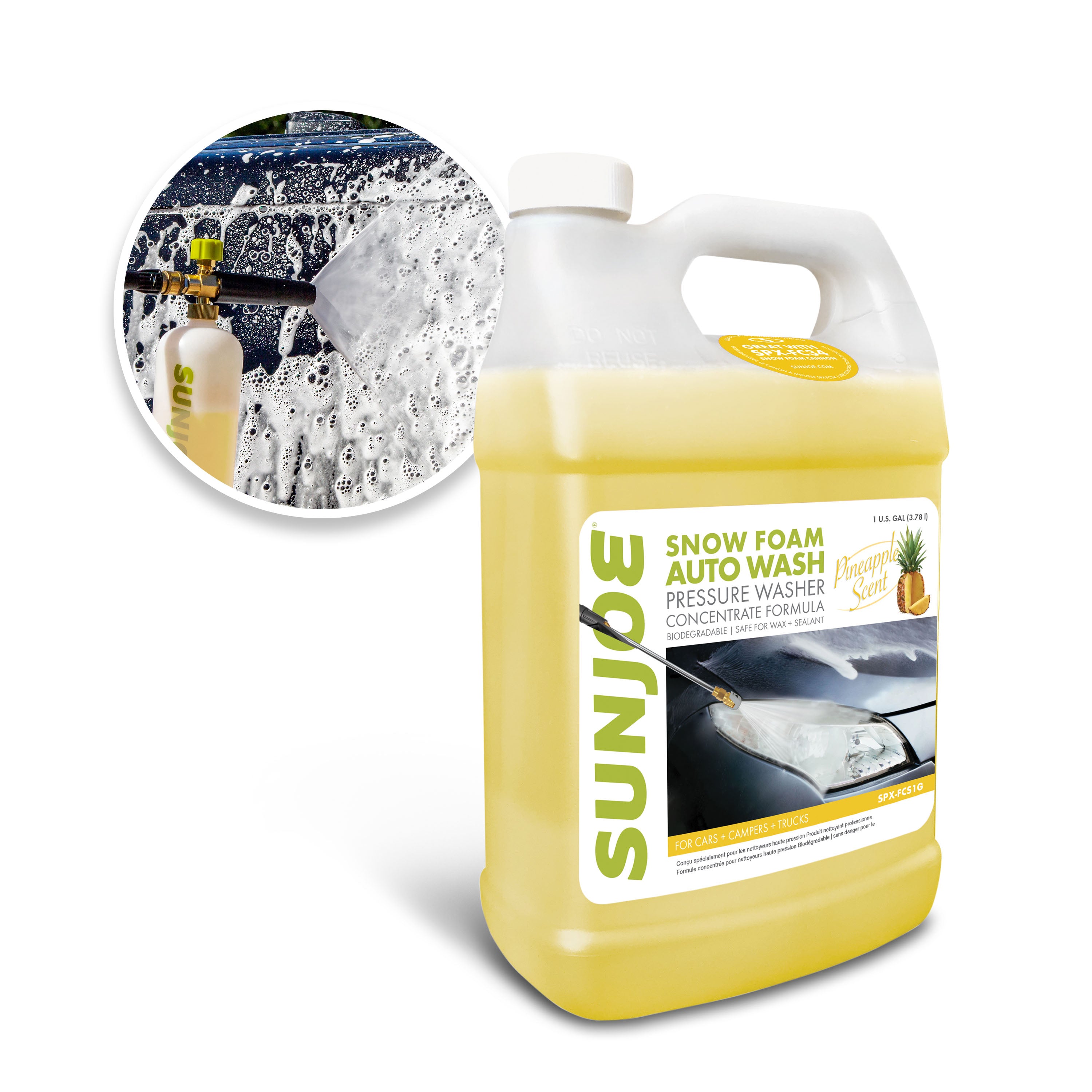 Sun Joe SPX FCS1G Premium Snow Foam Car Wash Soap & Cleaner - 1 Gallon Pineapple Scent | High Pressure Washer Detergent for Cars, Trucks, Motorcycles & Outdoor Cleaning