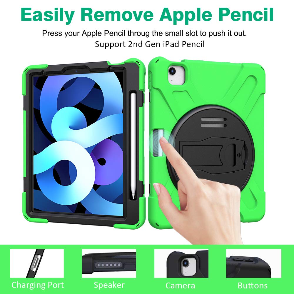 ZenRich iPad Air 5th/4th Generation Case (2022/2020) - Shockproof Protective Cover with Pencil Holder, Adjustable Stand & Hand Strap for iPad 10.9 inch & iPad Pro 11 (2018-2022) - Perfect for Work, Travel & School - Green