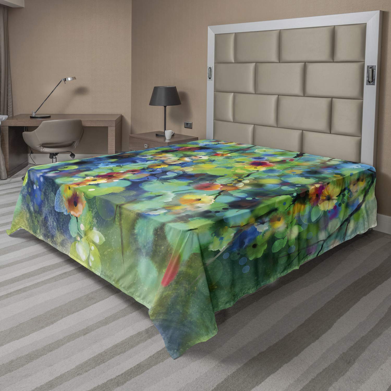 Ambesonne Floral Flat Sheet - Full Size Soft & Comfortable Decorative Bedding with Vibrant Spring Flower Design in Green & Blue | Perfect for Guest Rooms, Spring Decor, and Seasonal Bedroom Refresh