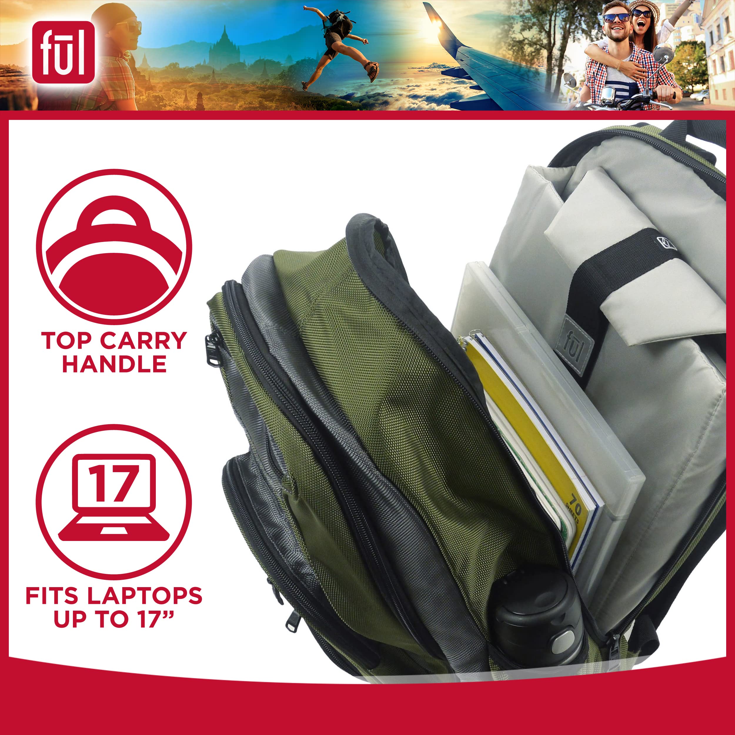 Waterproof Anti-Theft Laptop Backpack for Men & Women - 17 Inch Laptop Bag with USB Charging Port, Adjustable Shoulder Straps & Padded Compartment - Perfect for Travel, Work & College - Green