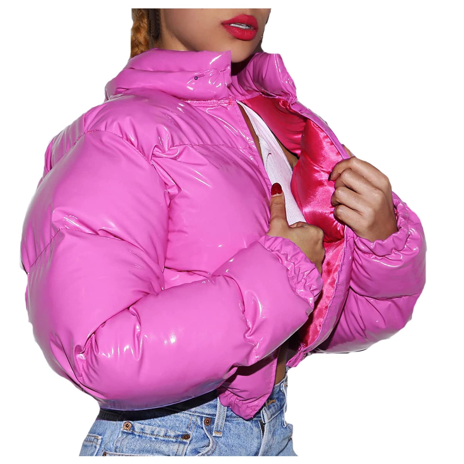 Women's Winter Cropped Puffer Jacket with Sequins - Y2K Style Down Parka, Lightweight Puffy Bubble Coat for Women (Pink, Size S) | Perfect for Casual Outfits, Streetwear Fashion & Cold Weather Protection