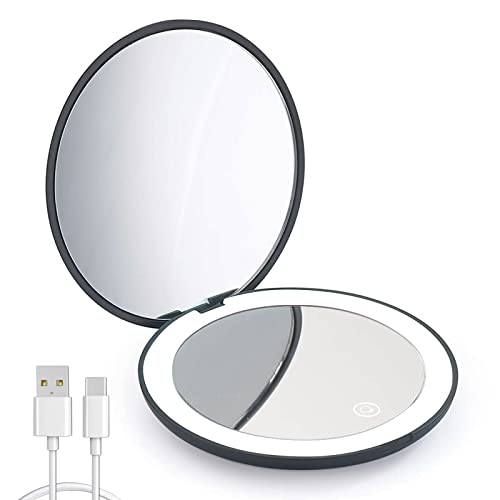 Wobsion Rechargeable Travel Makeup Mirror with Light - 1x/10x Magnification, Dimmable LED, Portable 2-Sided Compact Mirror for Handbag & Purse | Perfect Gift for Women & Girls (Black) | Ideal for Home, Travel, Office & On-The-Go Touchups