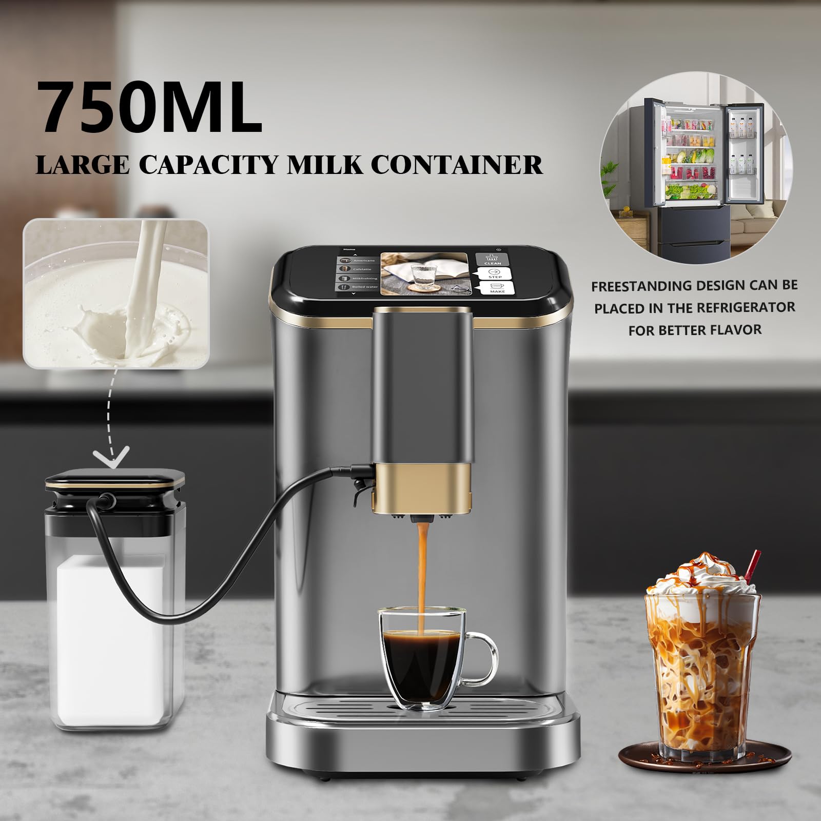 Premium 20 Bar Fully Automatic Espresso Machine with Milk Frother & Steam Wand - Professional Coffee Maker for Cappuccino, Latte & Espresso - Includes Insulated Milk Container (Gold) - Perfect for Home, Office & Cafe Use