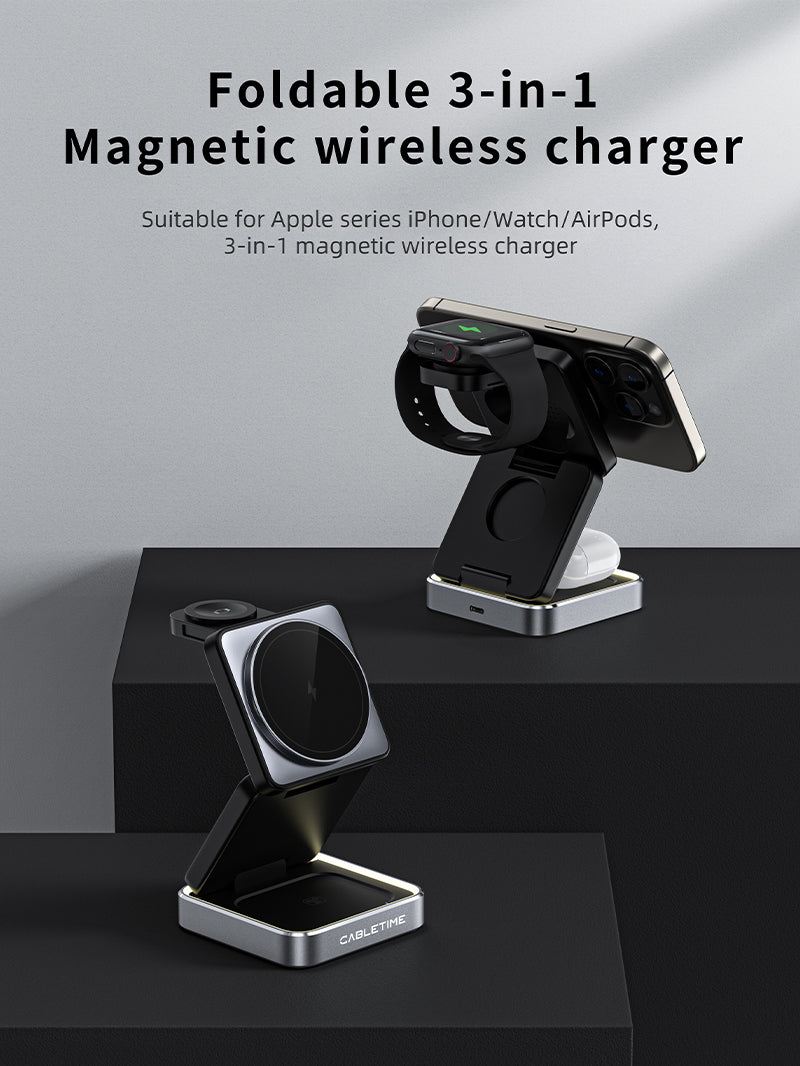 3 in 1 Foldable Wireless Charging Stand for iPhone, Apple Watch & AirPods - Multi-Device Charging Station for Home, Office & Nightstand Use