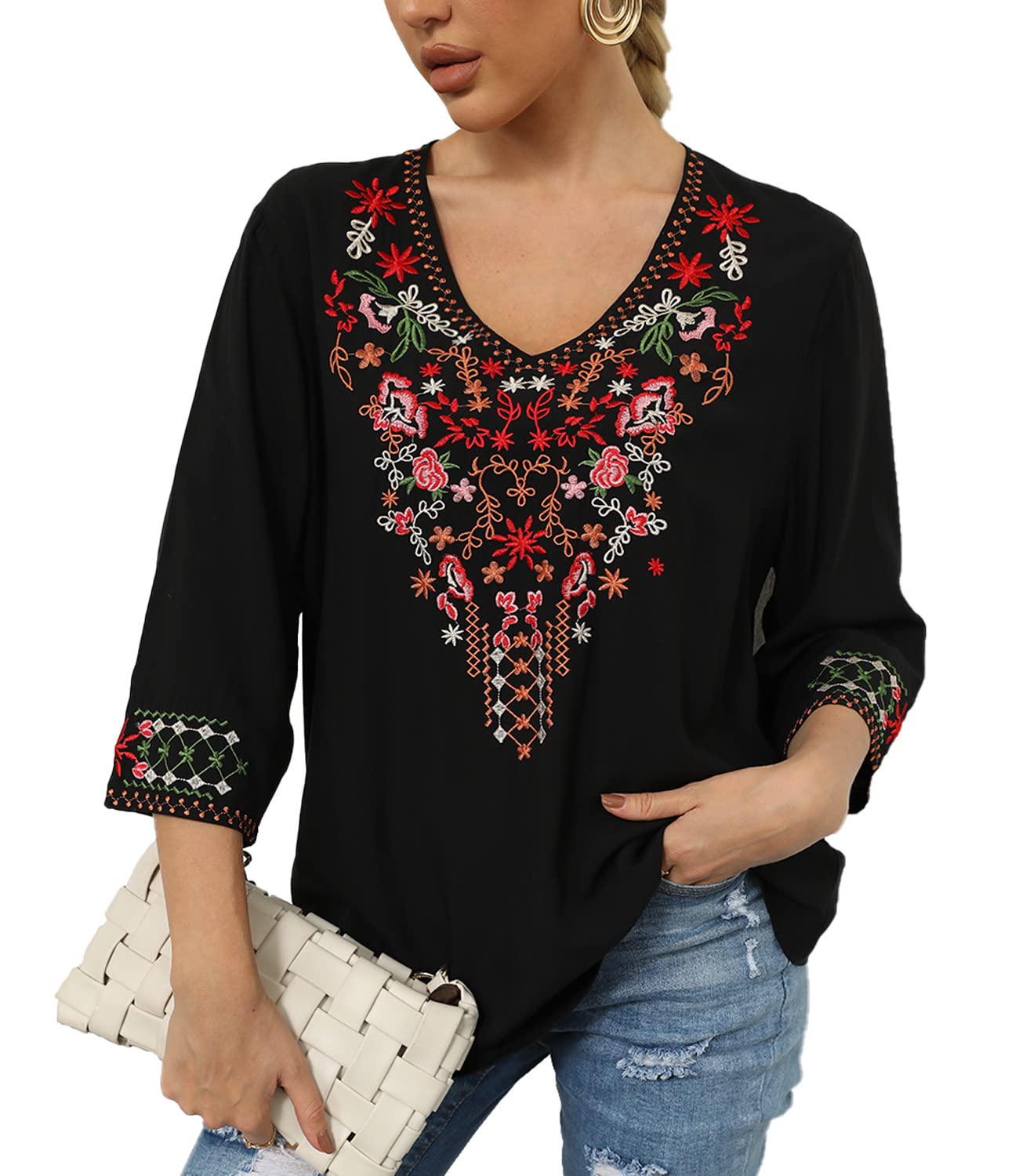 Higustar Women's Mexican Embroidered Bohemian Peasant Blouse - 3/4 Sleeve Boho Tunic Top for Festivals, Beach & Casual Wear | Hippie Style Fiesta Shirt