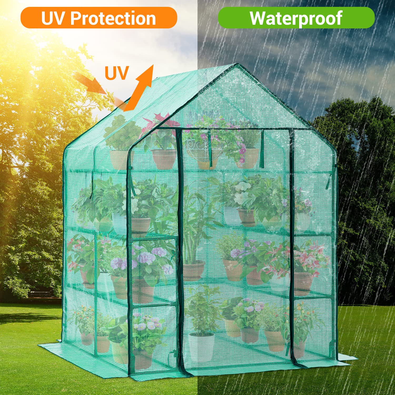 Ohuhu Upgraded 4-Tier 11-Shelf Walk-In Greenhouse for Outdoors with Screen Windows - Durable PE Cover, Ground Pegs & Ropes for Stability - Perfect for Gardening, Plant Protection & Outdoor Storage