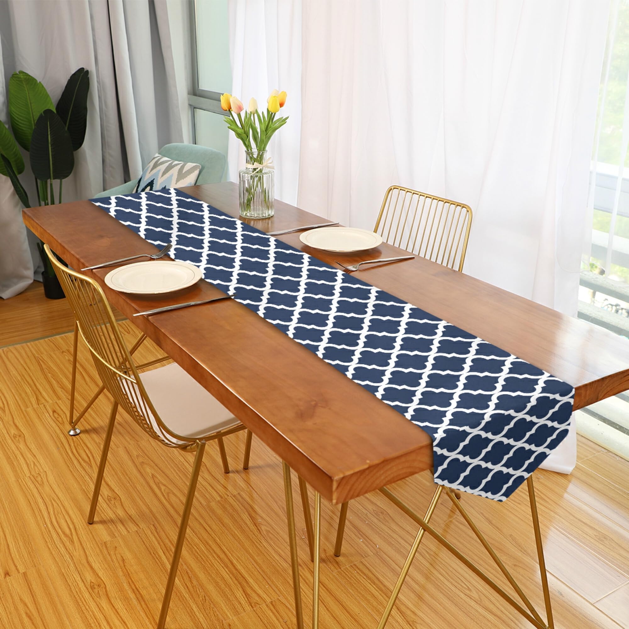 Navy Blue Geometric Lattice Table Runner - 70 Inch Elegant Baroque Dining & Coffee Table Decor for Wedding, Farmhouse, Kitchen | Perfect for Holiday Entertaining & Home Styling