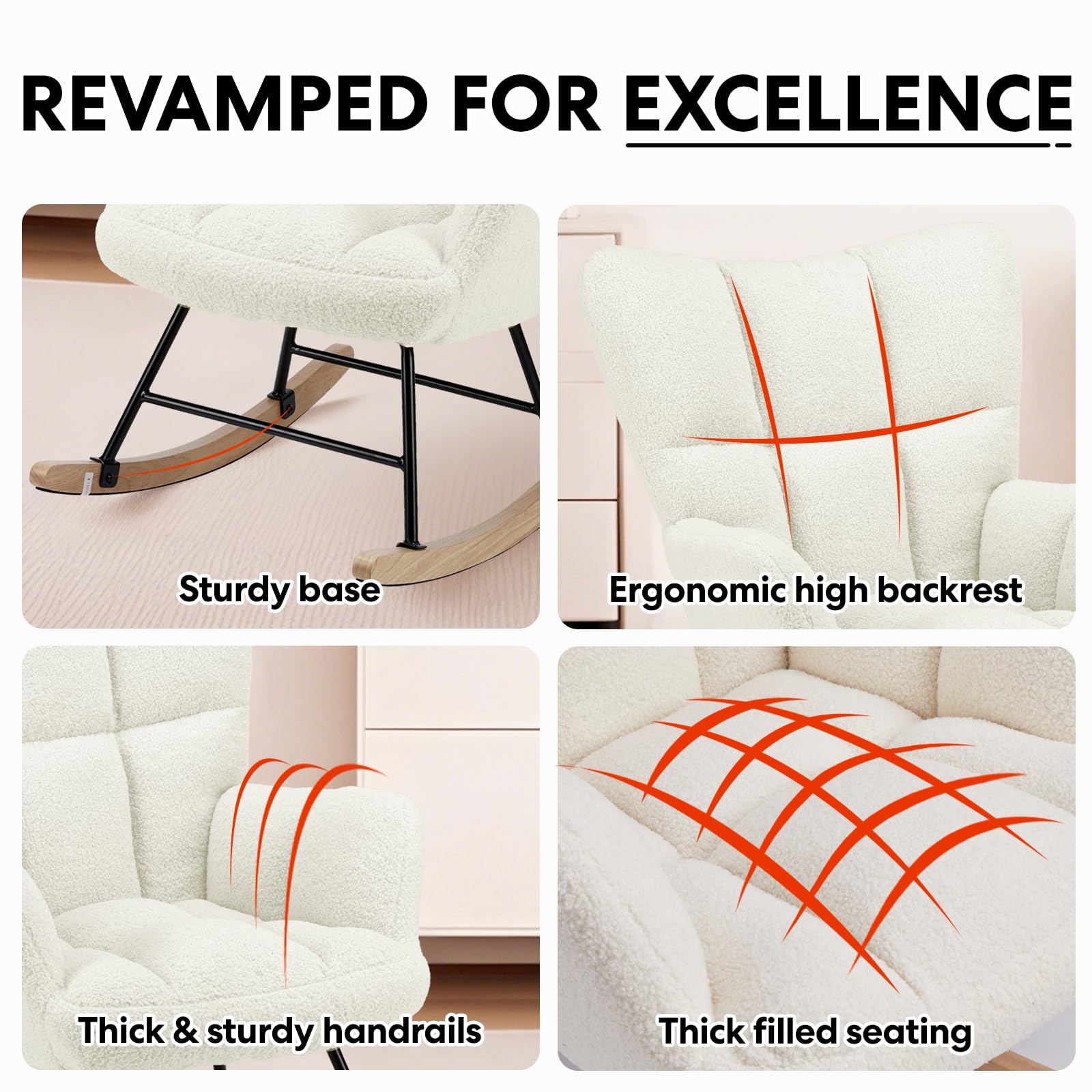 Simple Deluxe Nursery Rocking Chair - Teddy Upholstered Glider Recliner with High Backrest, Comfortable Armchair for Nursing, Reading & Relaxing - Perfect for Nursery, Living Room & Bedroom - White