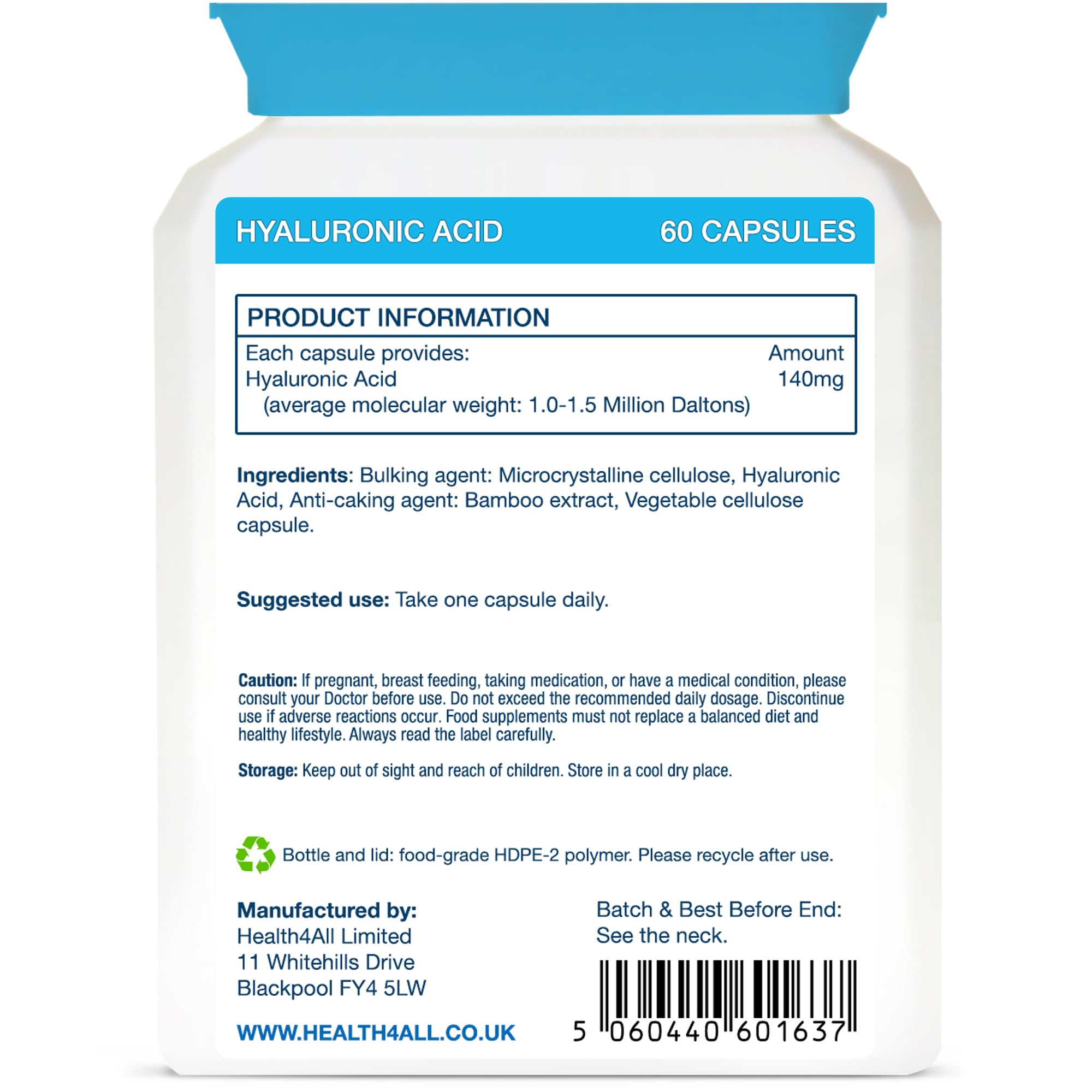 Health4All Hyaluronic Acid 140mg 60 Capsules - High Molecular Weight 1.0-1.5 Million Daltons for Skin Hydration, Hair Growth & Joint Support | Vegan Supplement for Anti-Aging & Beauty Care | Perfect for Daily Wellness Routine & Active Lifestyle