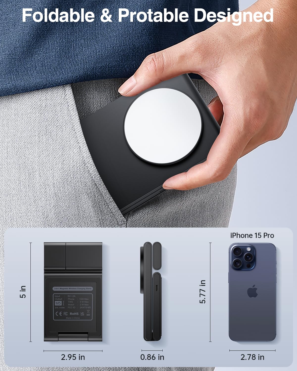 Meifigno 3-in-1 Foldable Magnetic Wireless Charging Station with 20W PD USB-C Adapter | Fast Charging Stand for iPhone 16/15/14/13/12 Pro/Max, Apple Watch Series 9/8/7/SE, AirPods Pro/3/2 | Perfect for Home, Office & Travel | Space Gray