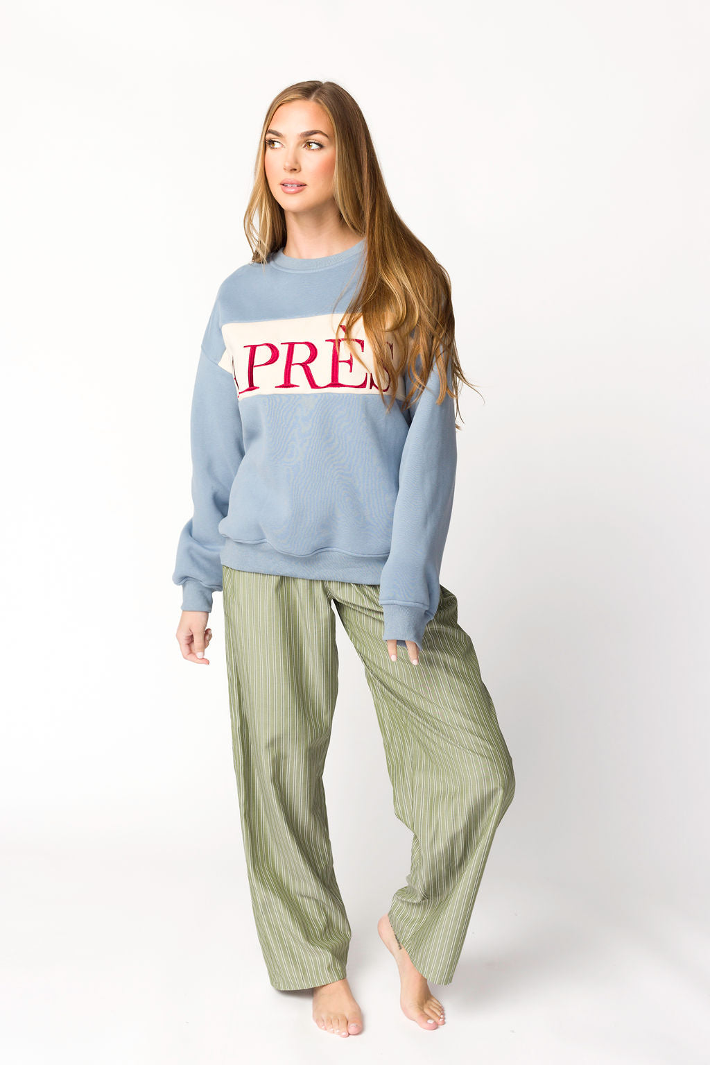 Stone Blue Colorblocked Crewneck Sweatshirt | Trendy Pullover for Women | Perfect for Casual Outfits & Loungewear