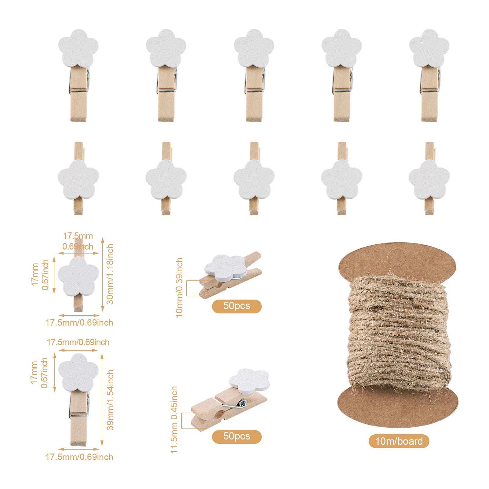 White Wooden Flower Clothespins - 100pcs with Jute Twine for Photo Display & Party Decor