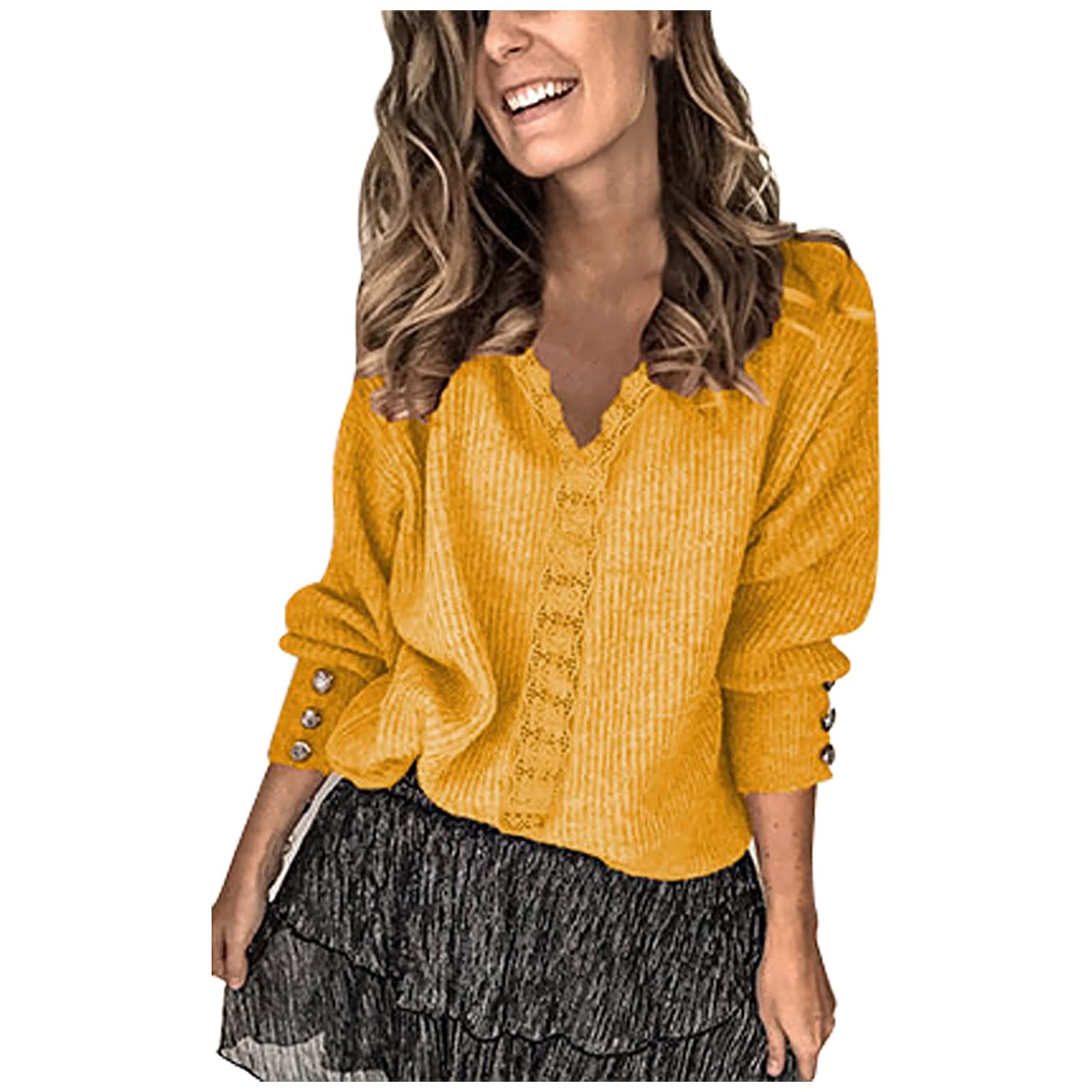 Elegant Buttoned Lace Long Sleeve V-Neck Blouse for Women - Breathable Quick Dry Office Shirt | Professional Workwear, Business Meeting Attire, Wedding Guest Dress | Perfect for Cocktail Parties, Date Nights, Formal Dinners & Evening Events | Stylish Top for Office Wear, Special Occasions & Romantic Outings