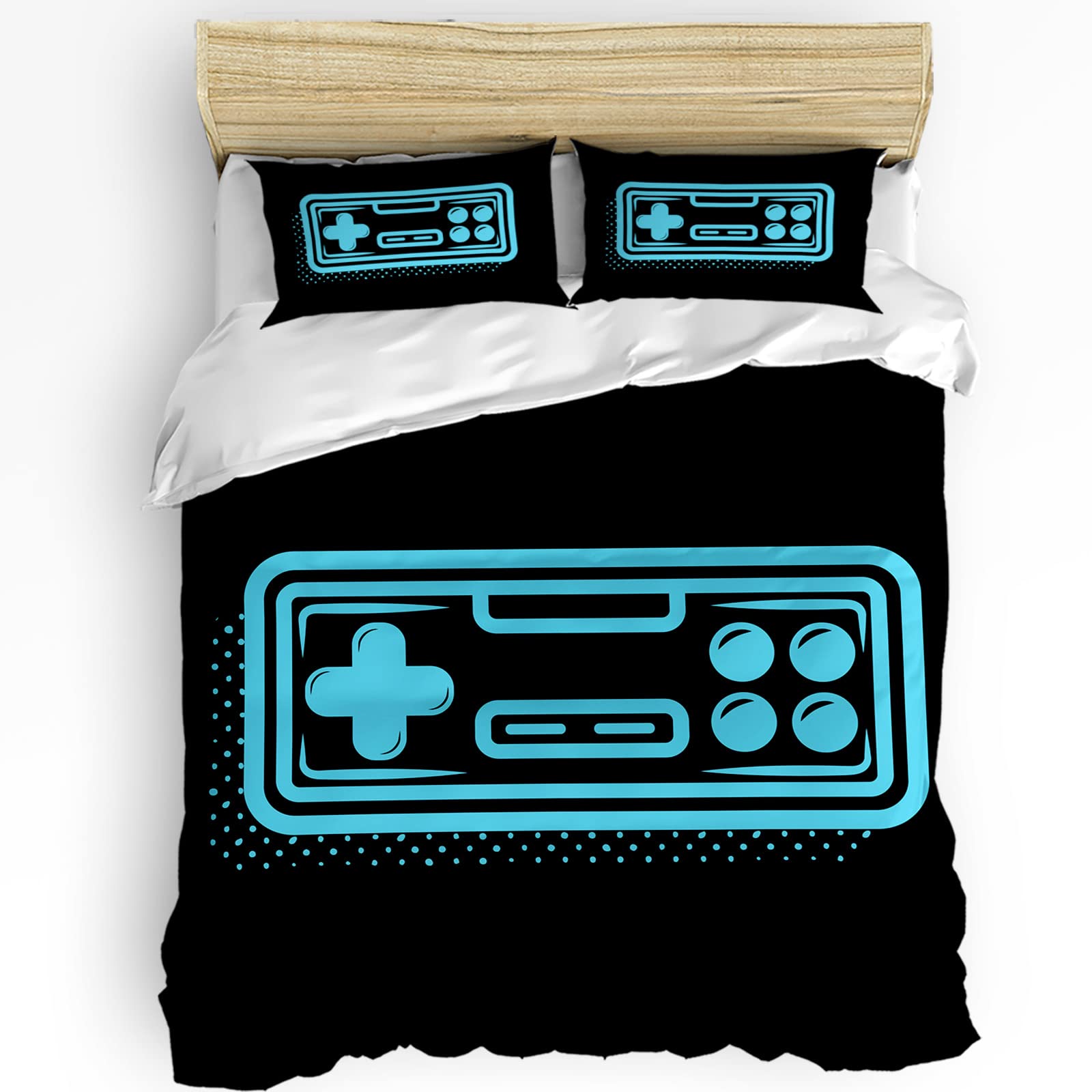 3 Piece Breathable Bedding Set with Zipper Closure Pillowcases - California King Size Blue Duvet Cover Set for Kids & Teens | Gamer Themed Video Game Controller Design | Perfect for Bedroom, Child Room & All Season Use | Ideal for Boys Who Love Console Gaming