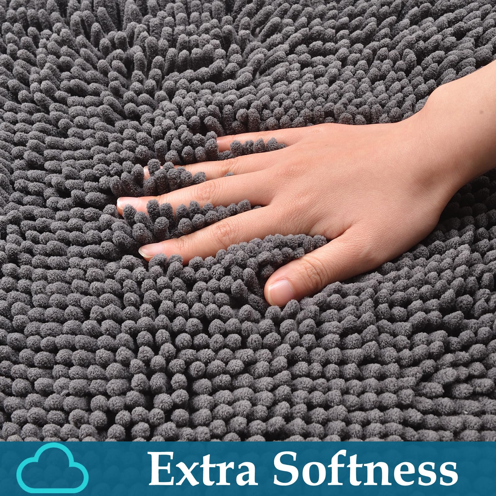 Non-Slip Bathroom Rugs Set of 2 - Ultra Absorbent Chenille Bath Mats for Bathroom Floor, Soft Shaggy Bathtub Mats, Deep Grey - Perfect for Bathroom Safety & Cozy Home Decor