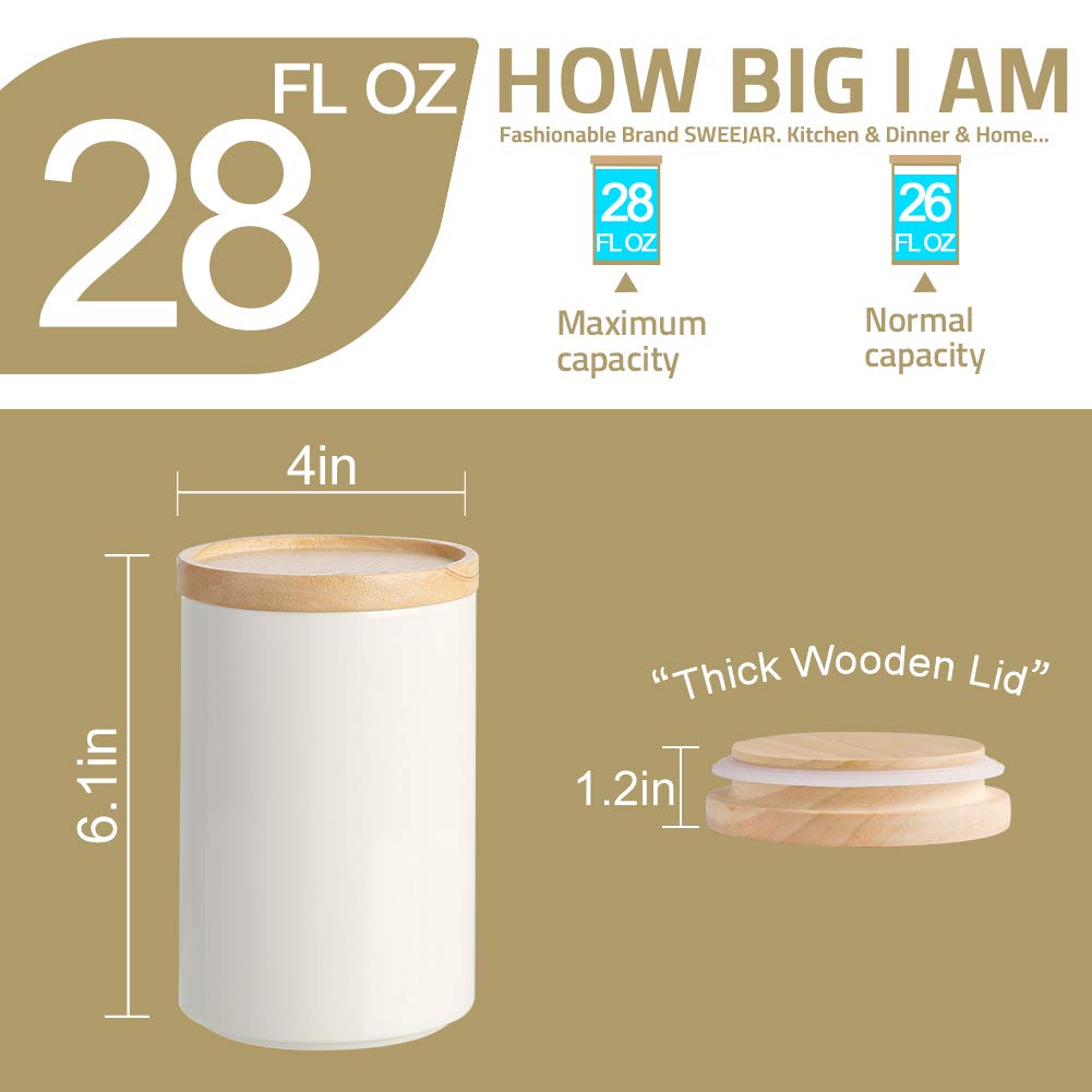 Sweejar Ceramic Food Storage Canisters with Airtight Wooden Lid - 28oz Stackable Kitchen Containers for Coffee, Tea, Sugar, Salt | Perfect for Pantry Organization & Countertop Display (White)