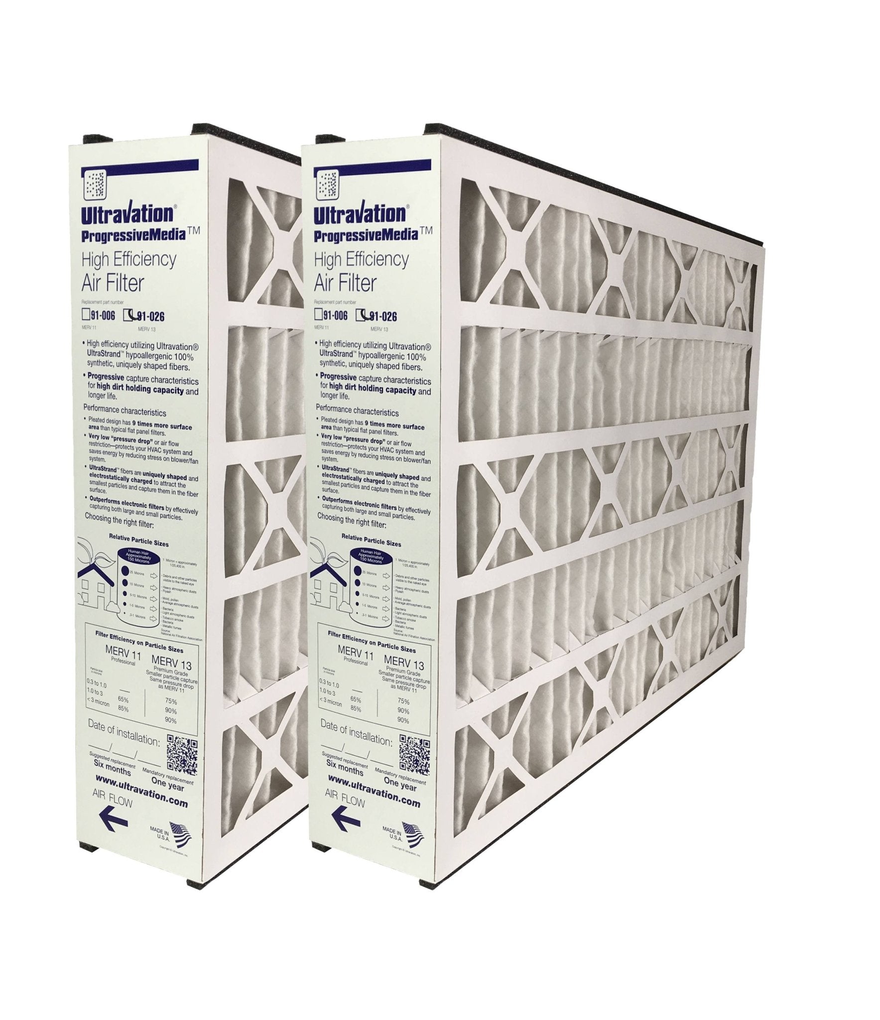 Ultravation 91 026 20x25x5 MERV 13 Air Filter - 2 Pack Replacement Furnace Filters for Home HVAC System - Improves Indoor Air Quality & Reduces Allergens