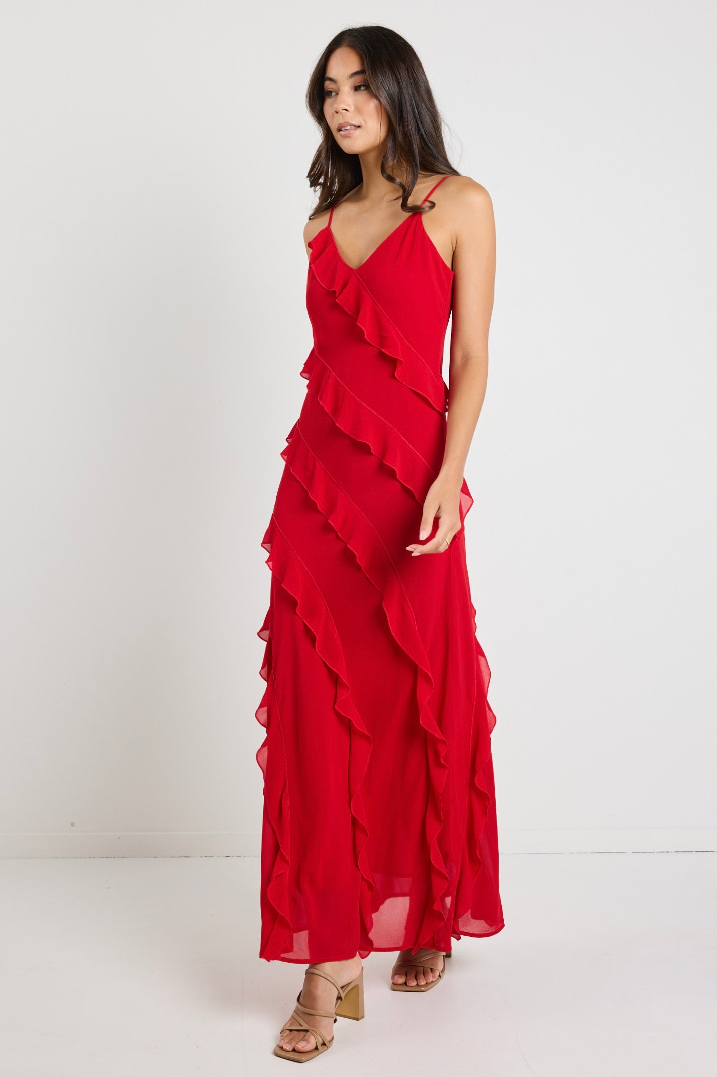 Elegant Galore Flame Bias Ruffle Slip Maxi Dress for Women - Flowy Summer Beach Wedding Party Gown - Perfect for Vacations, Date Nights & Special Occasions