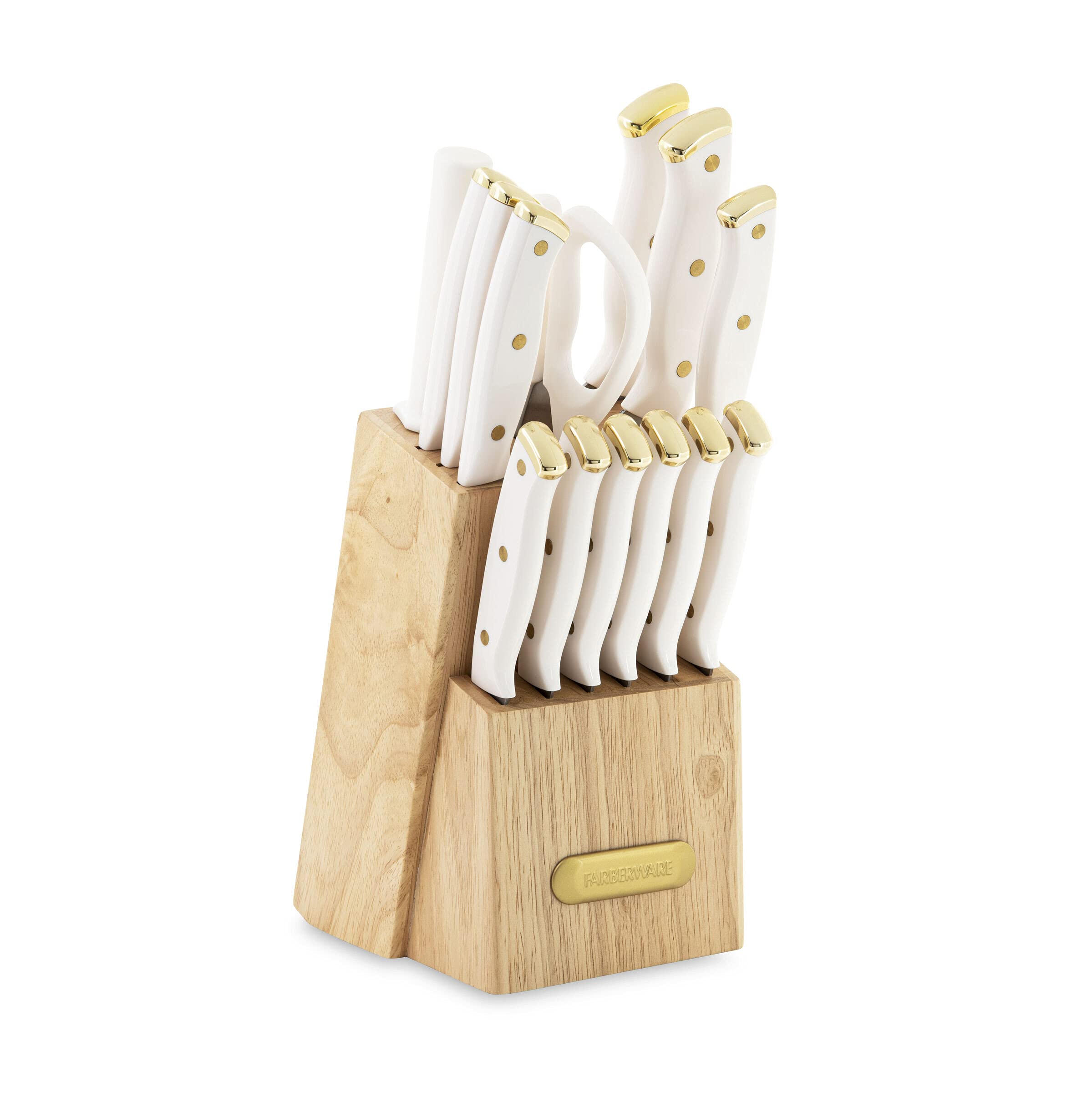 Farberware 15-Piece Triple Riveted Knife Block Set - High Carbon Stainless Steel Kitchen Knives with Razor-Sharp Blades & Wood Storage Block (White & Gold) - Perfect for Home Chefs, Cooking Enthusiasts & Professional Kitchens